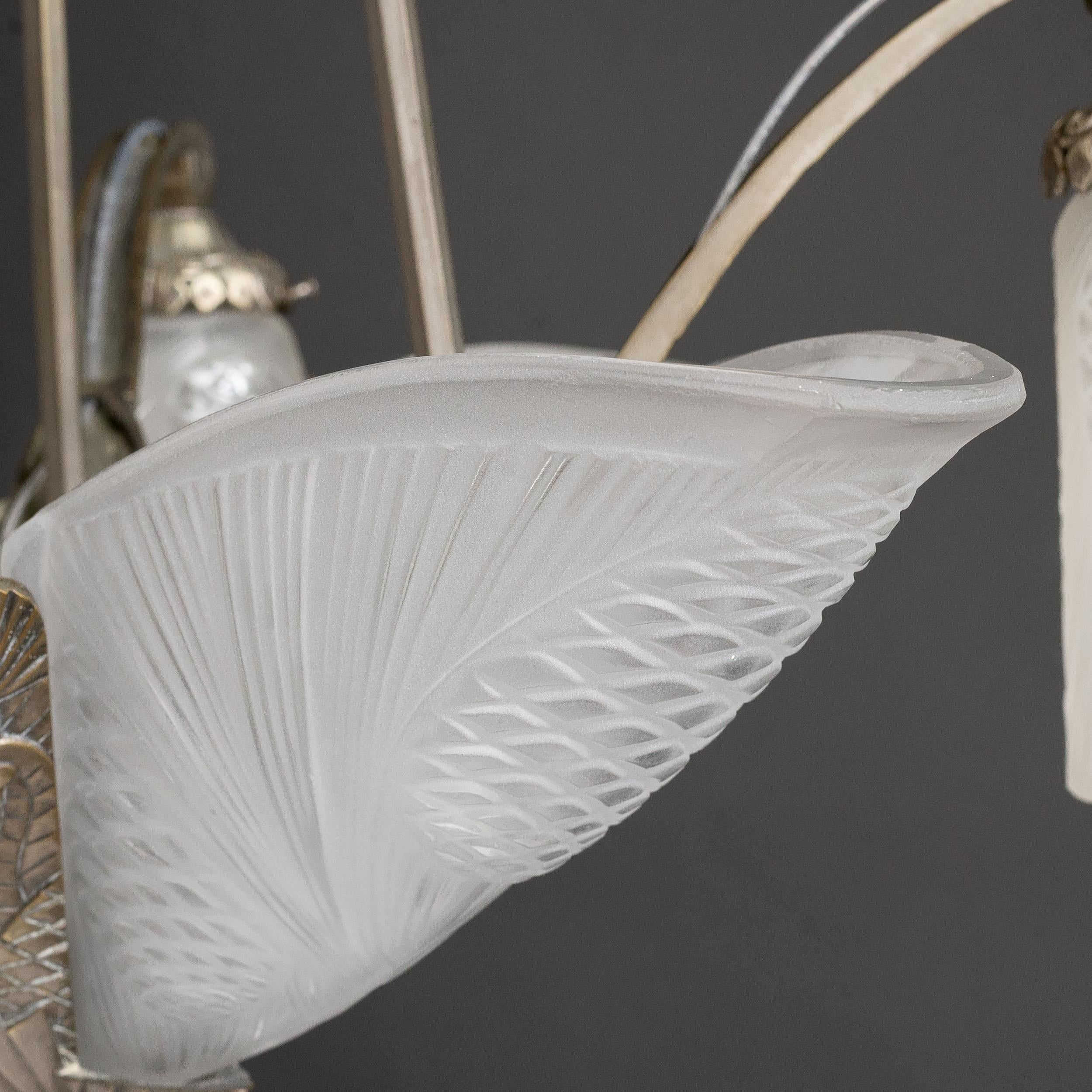 20th Century French Art Deco Chandelier with Frosted Glass Shades by Degué For Sale