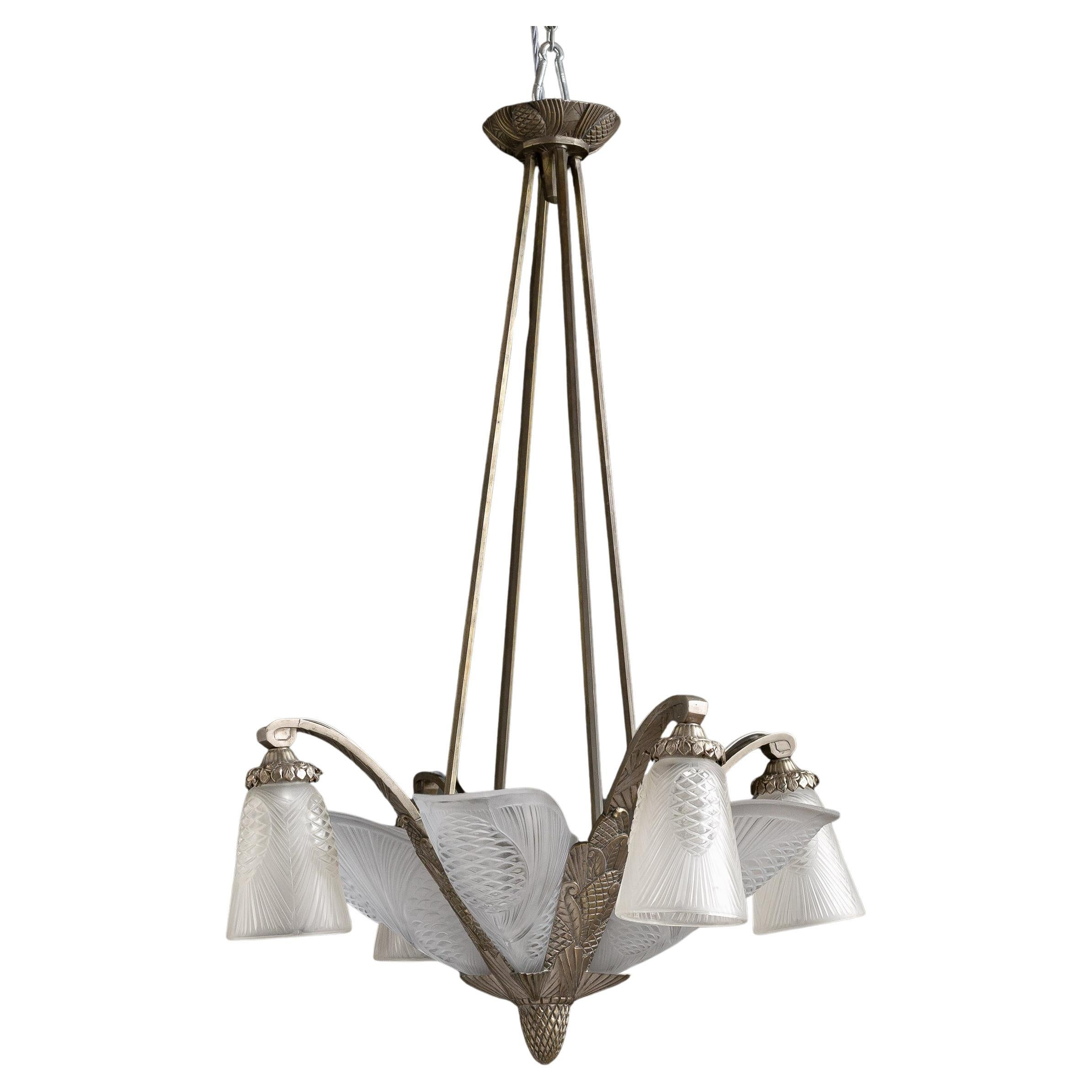 French Art Deco Chandelier with Frosted Glass Shades by Degué