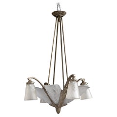 French Art Deco Chandelier with Frosted Glass Shades by Degué