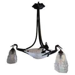French Art Deco chandelier with iron Storks, signed ROS by ‘DEGUÉ’ circa 1930s