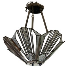 French Art Deco Chandelier with Nickel finish and Vitrail Glass