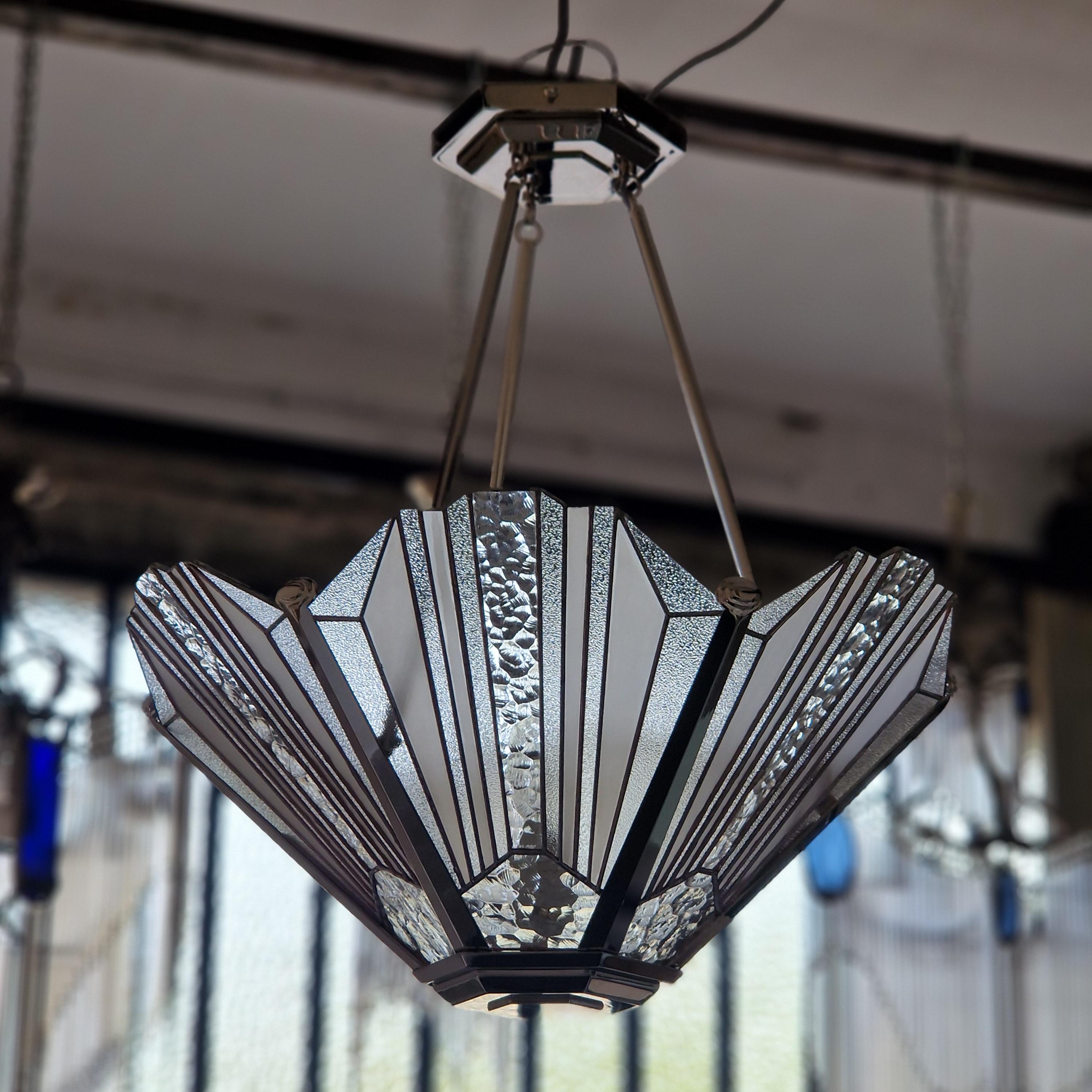 Hand-Crafted French Art Deco Chandelier with Nickel finish and Vitrail Glass For Sale