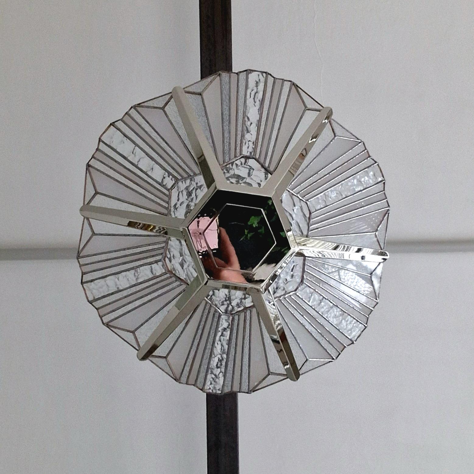 Contemporary French Art Deco Chandelier with Nickel finish and Vitrail Glass For Sale