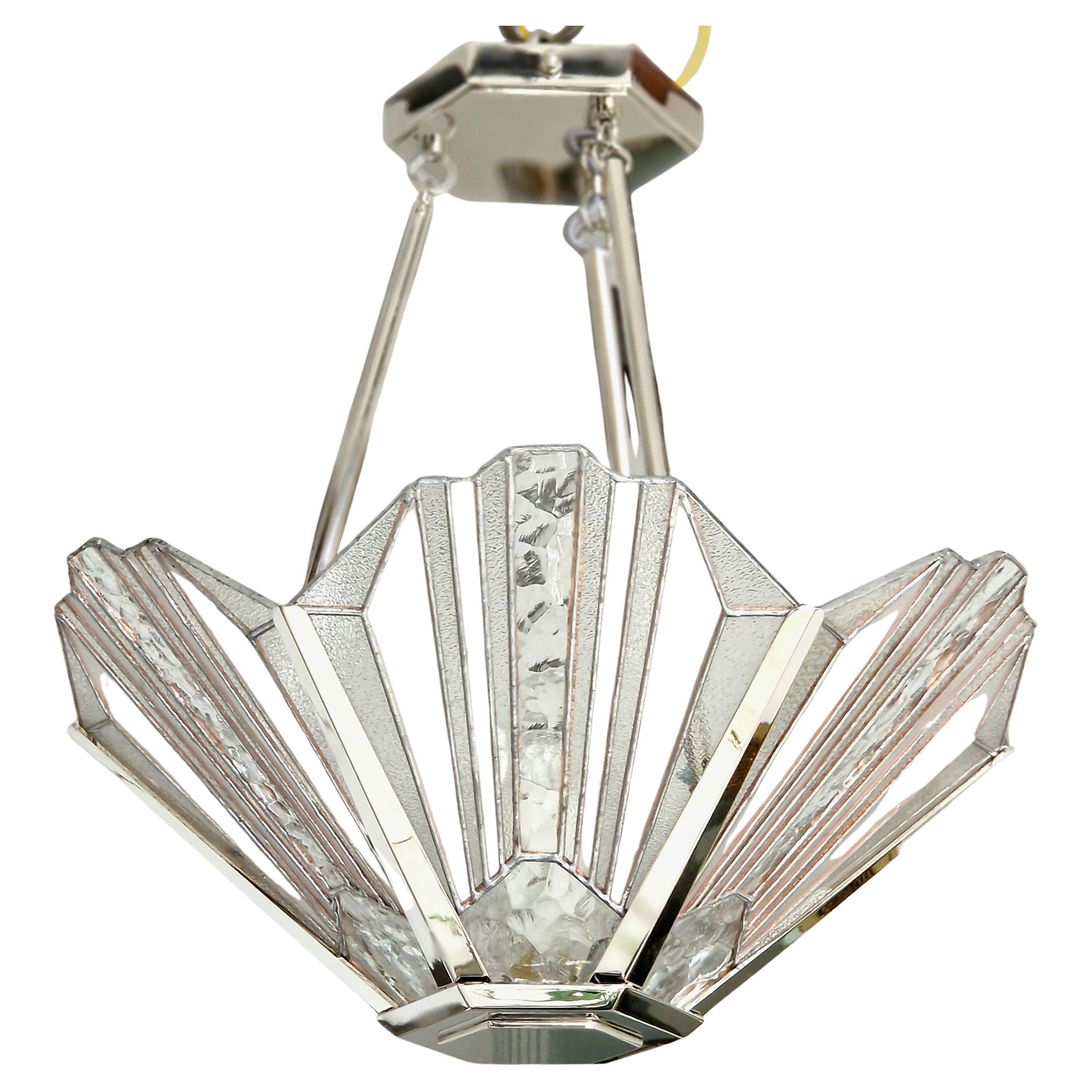 Hand-Crafted French Art Deco Chandelier with Nickel finish and Vitrail Glass For Sale