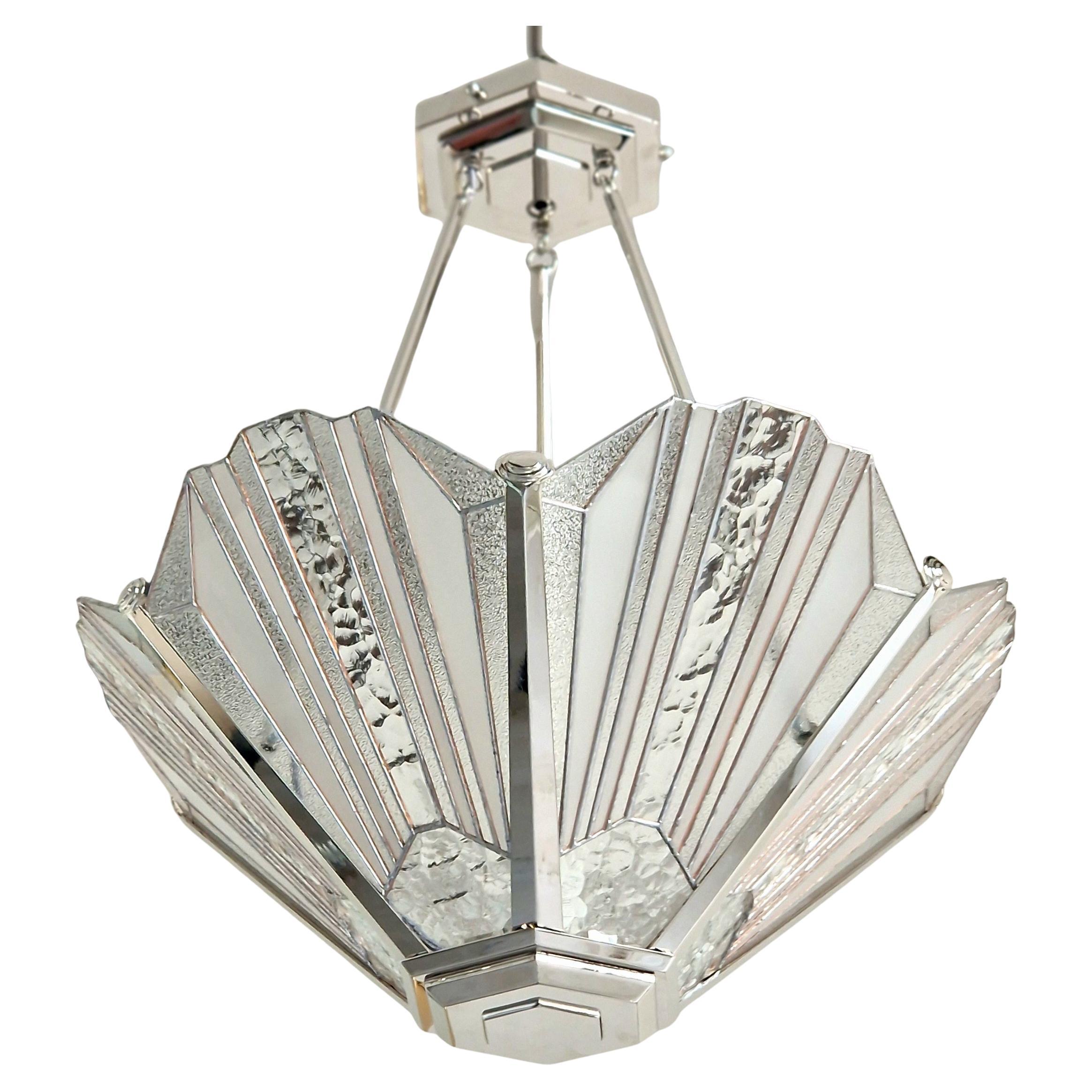 French Art Deco Chandelier with Nickel finish and Vitrail Glass