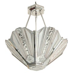 French Art Deco Chandelier with Nickel finish and Vitrail Glass