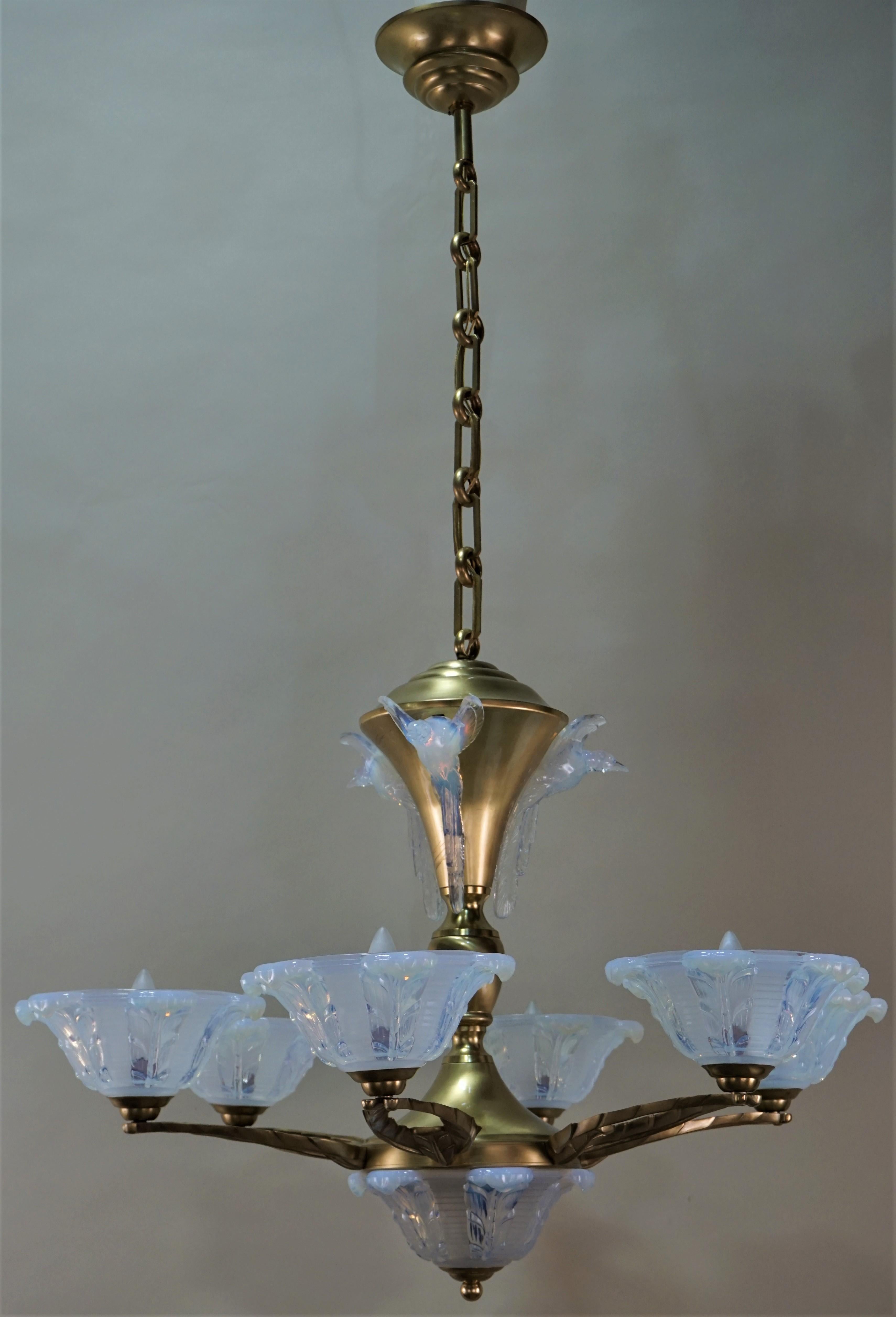 French Art Deco Chandelier with Opalescent Glass Shades by Ezan 6