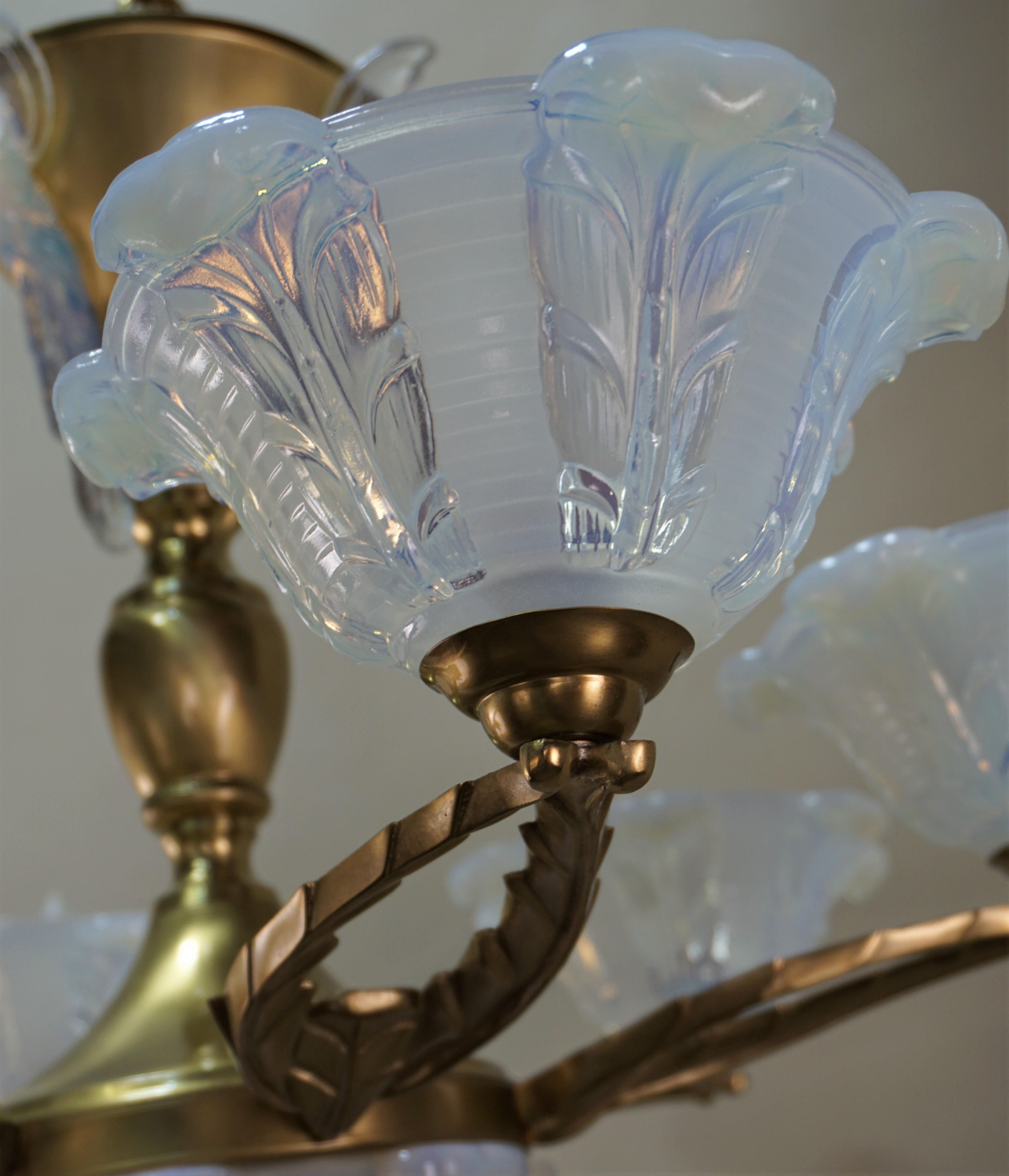 French Art Deco Chandelier with Opalescent Glass Shades by Ezan 7