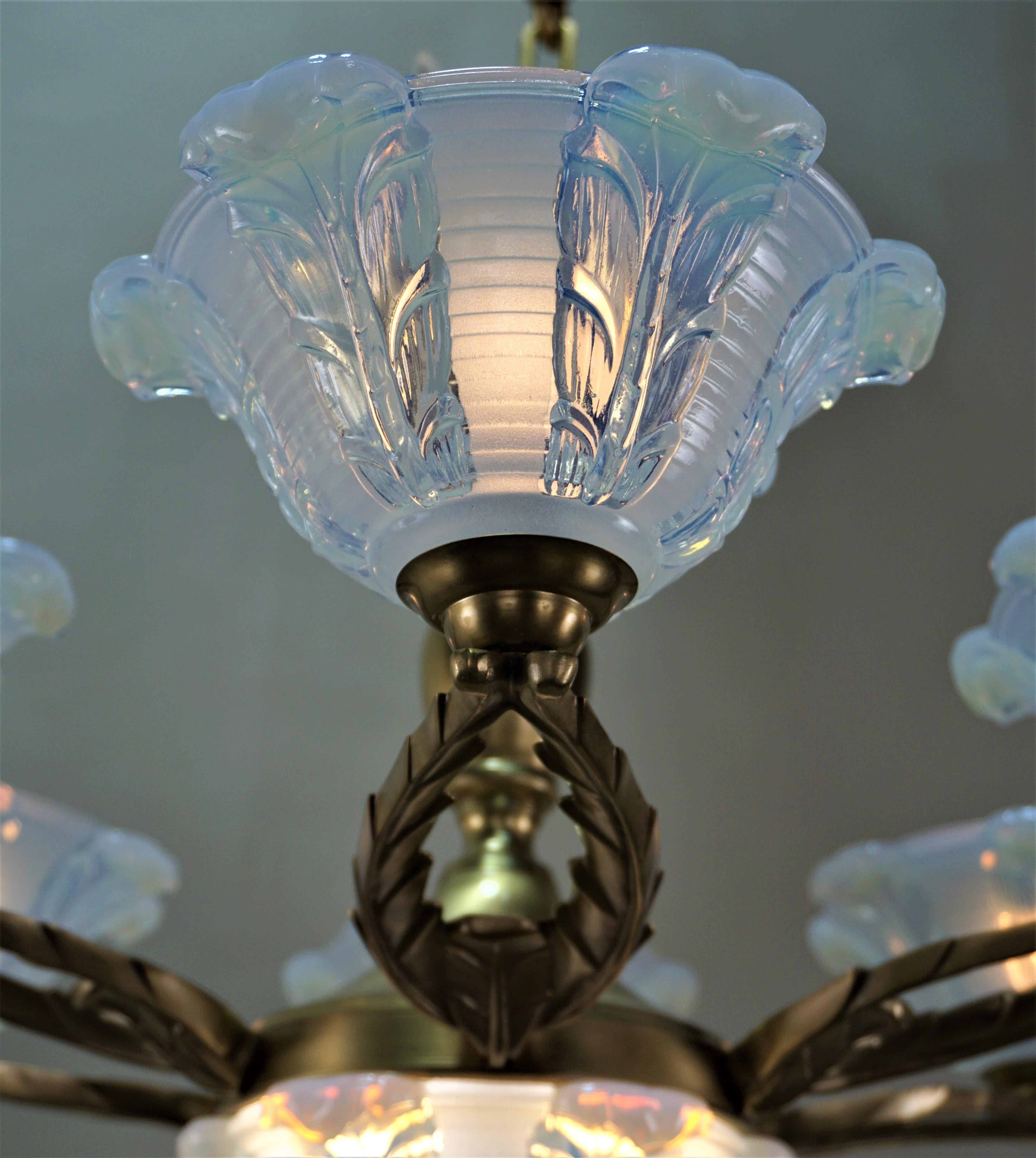 French Art Deco Chandelier with Opalescent Glass Shades by Ezan In Good Condition In Fairfax, VA