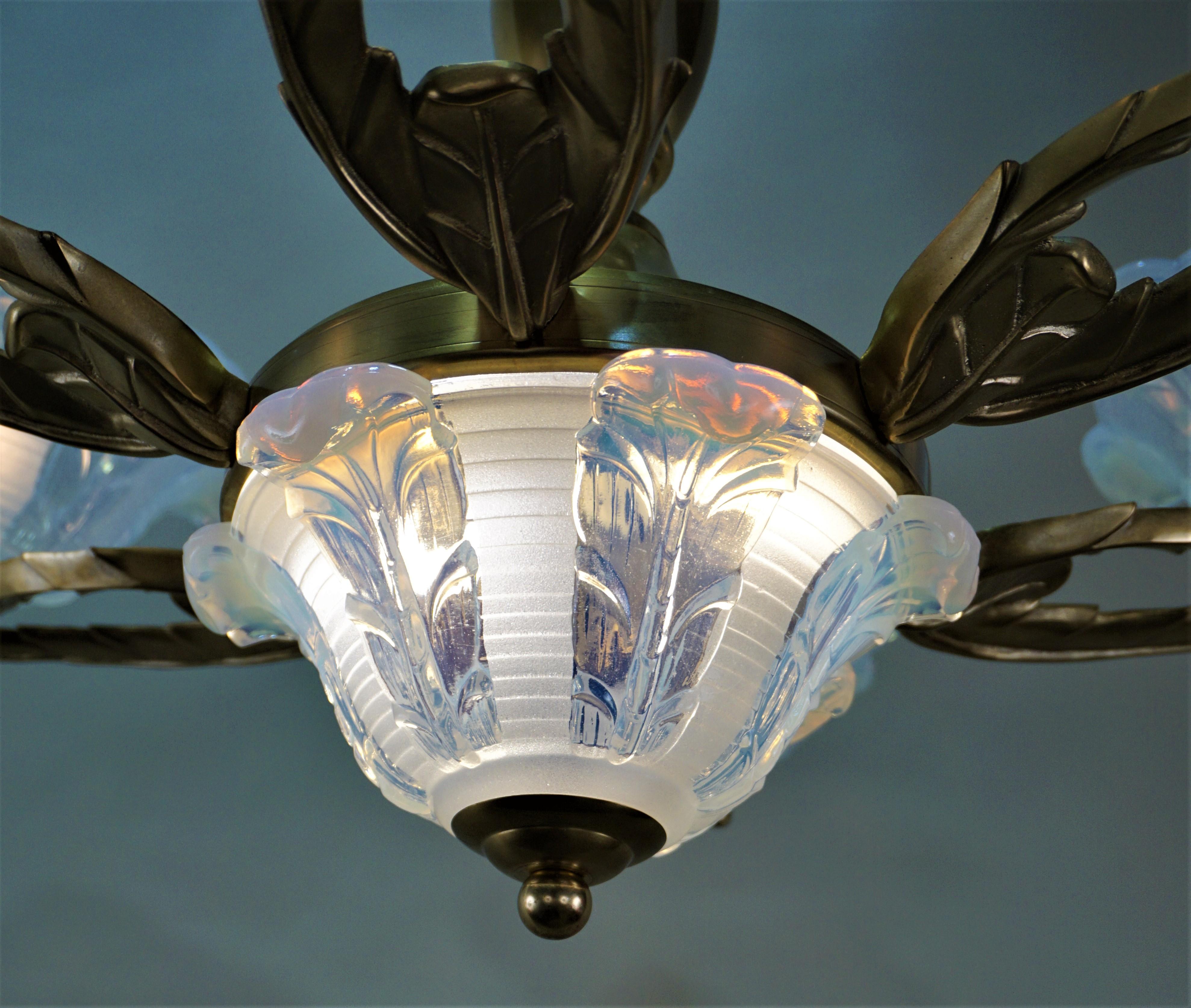 Mid-20th Century French Art Deco Chandelier with Opalescent Glass Shades by Ezan