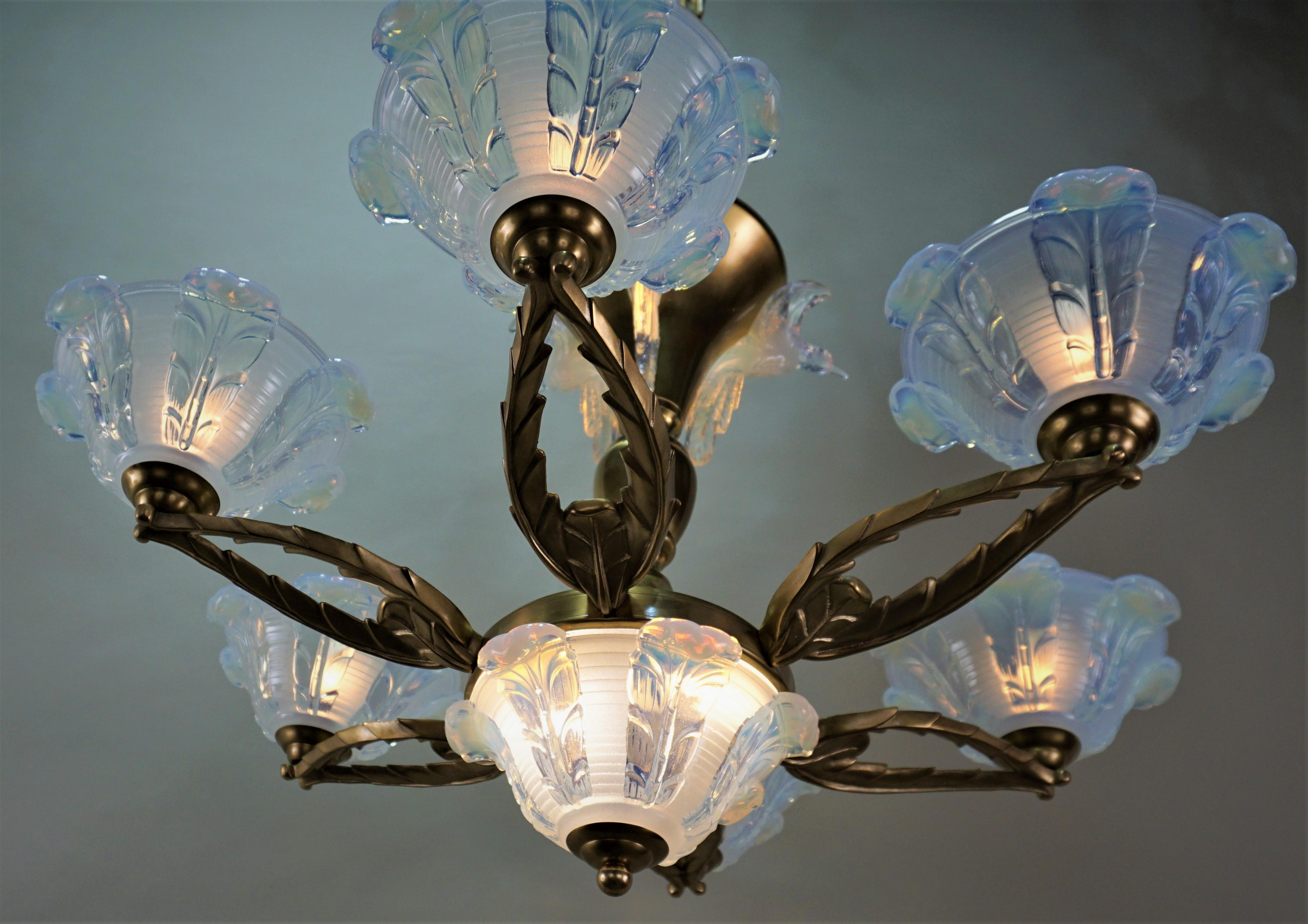 Bronze French Art Deco Chandelier with Opalescent Glass Shades by Ezan