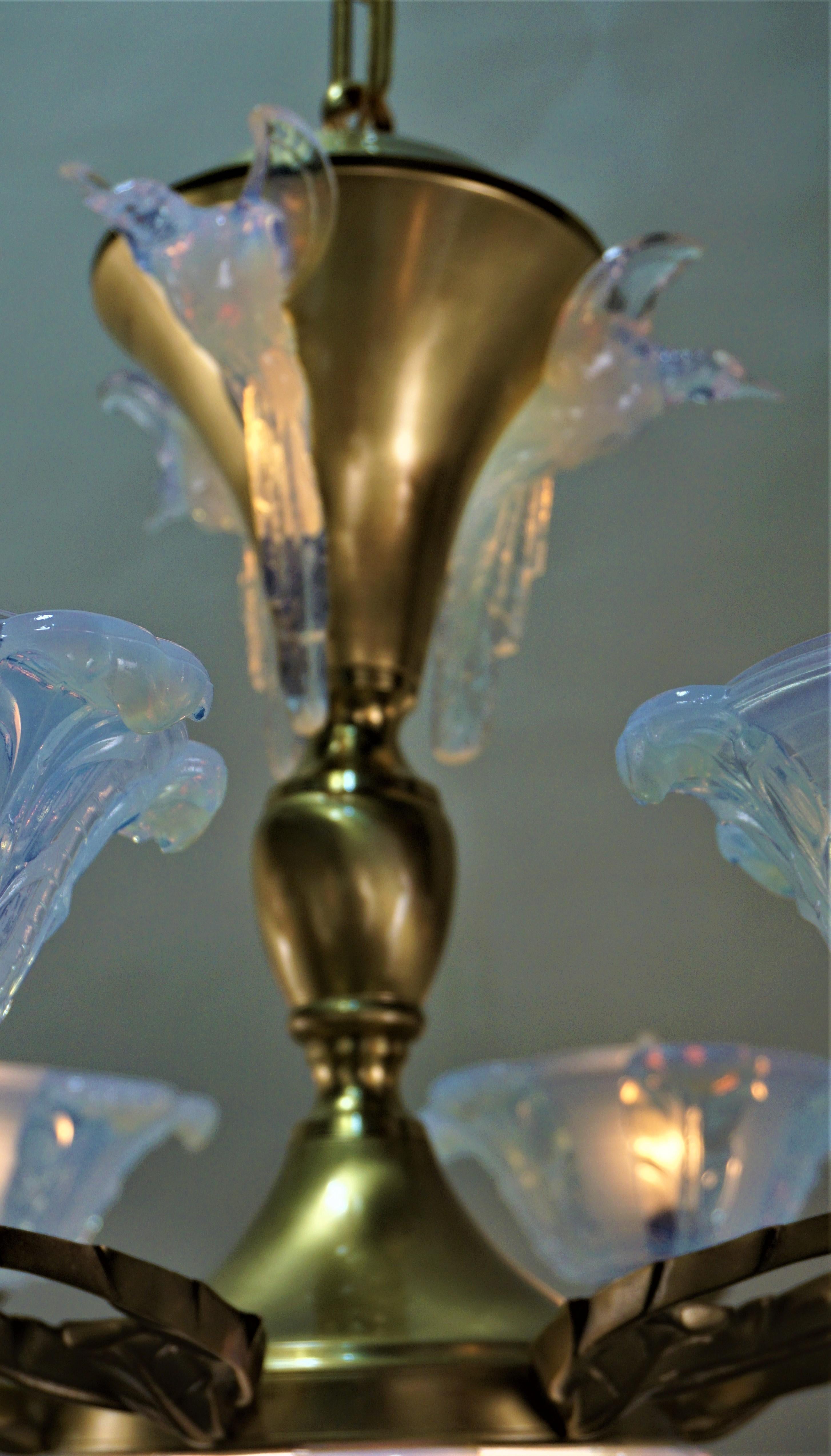 French Art Deco Chandelier with Opalescent Glass Shades by Ezan 1