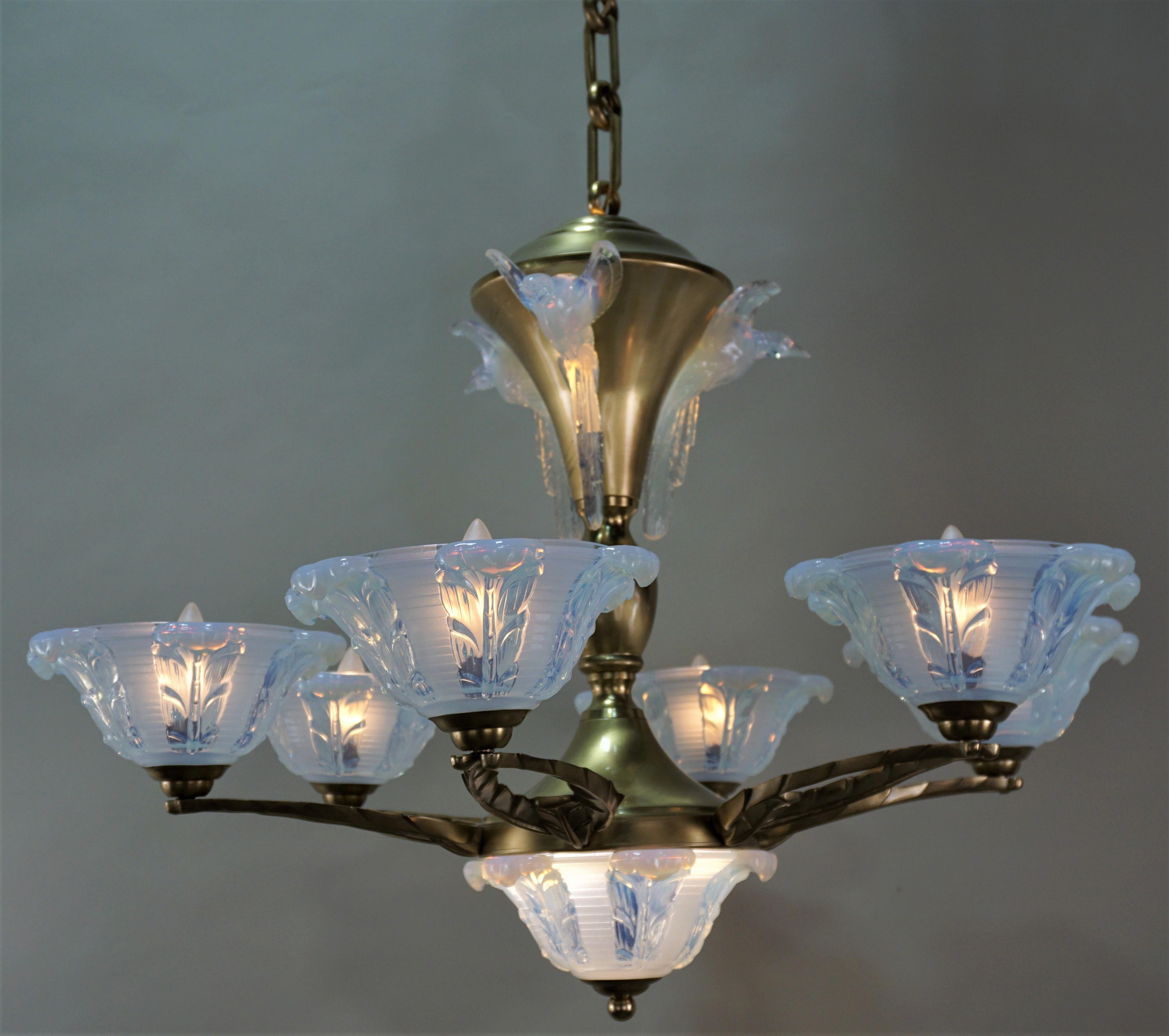 French Art Deco Chandelier with Opalescent Glass Shades by Ezan 2