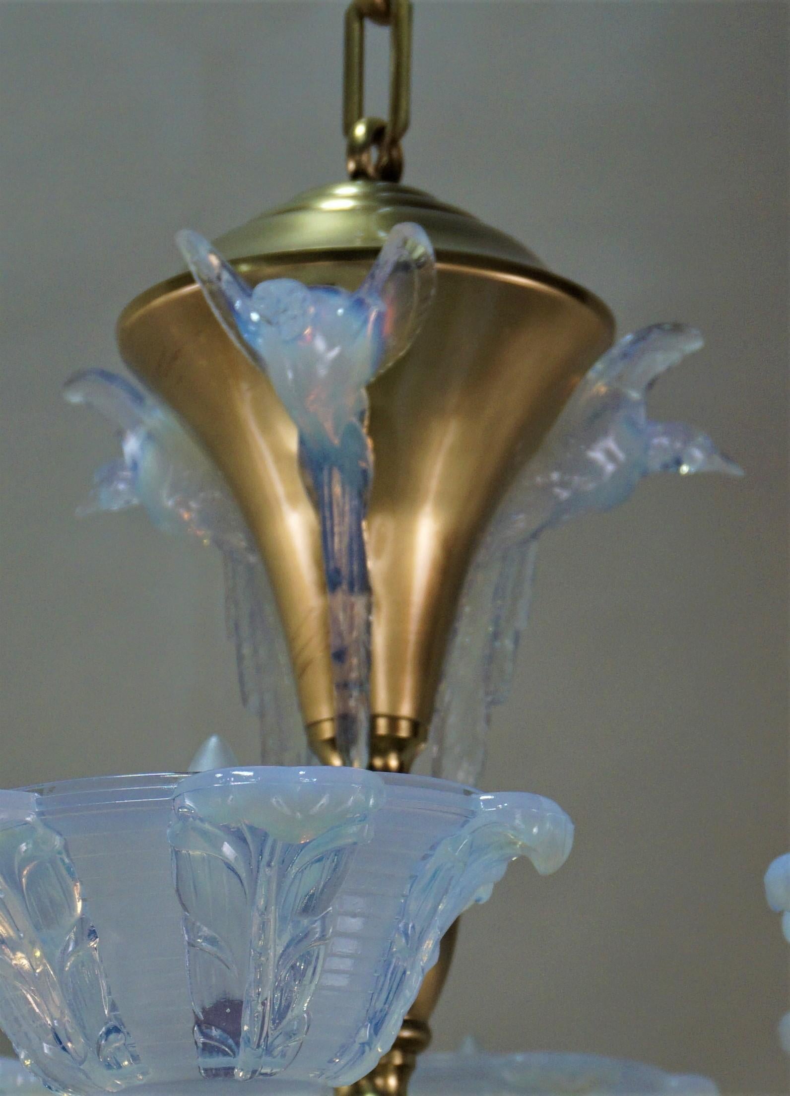 French Art Deco Chandelier with Opalescent Glass Shades by Ezan 3
