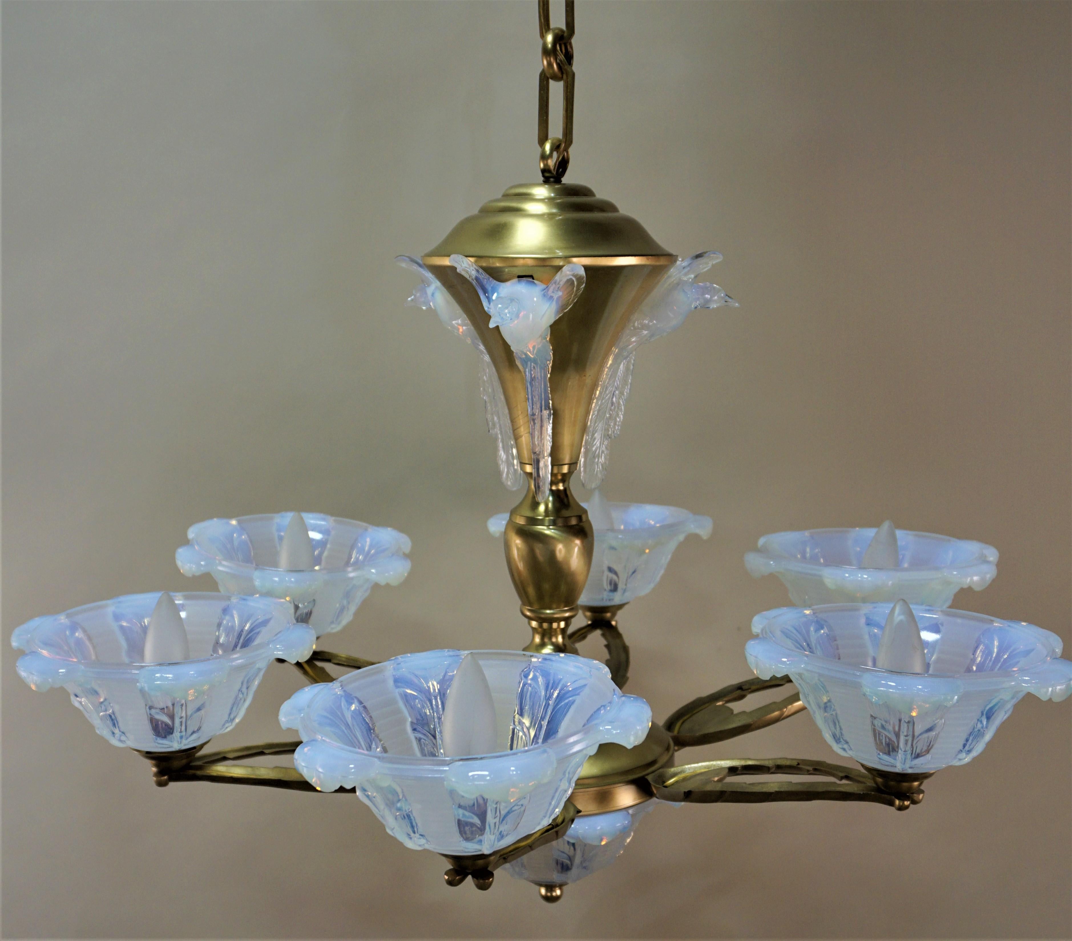 French Art Deco Chandelier with Opalescent Glass Shades by Ezan 4