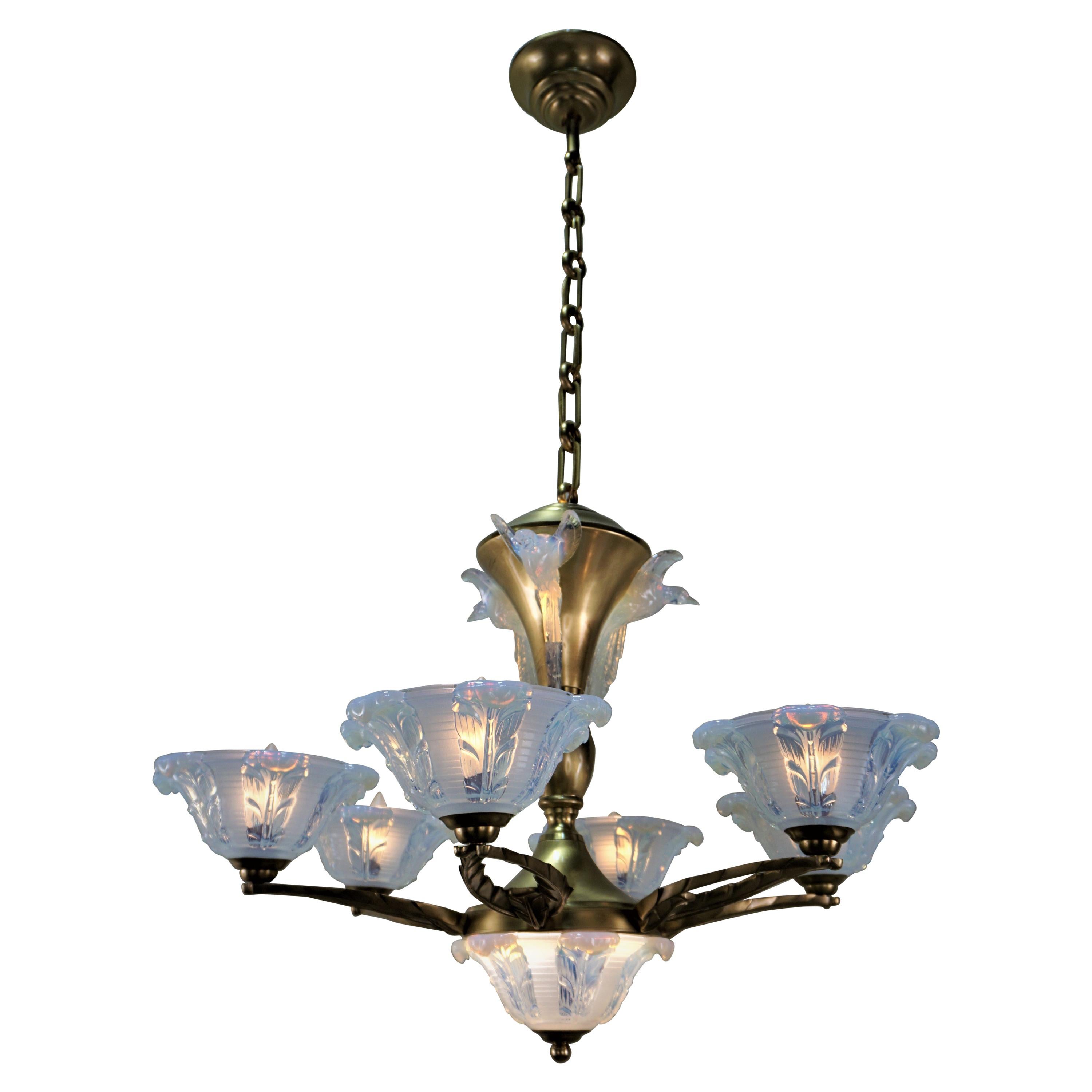 French Art Deco Chandelier with Opalescent Glass Shades by Ezan
