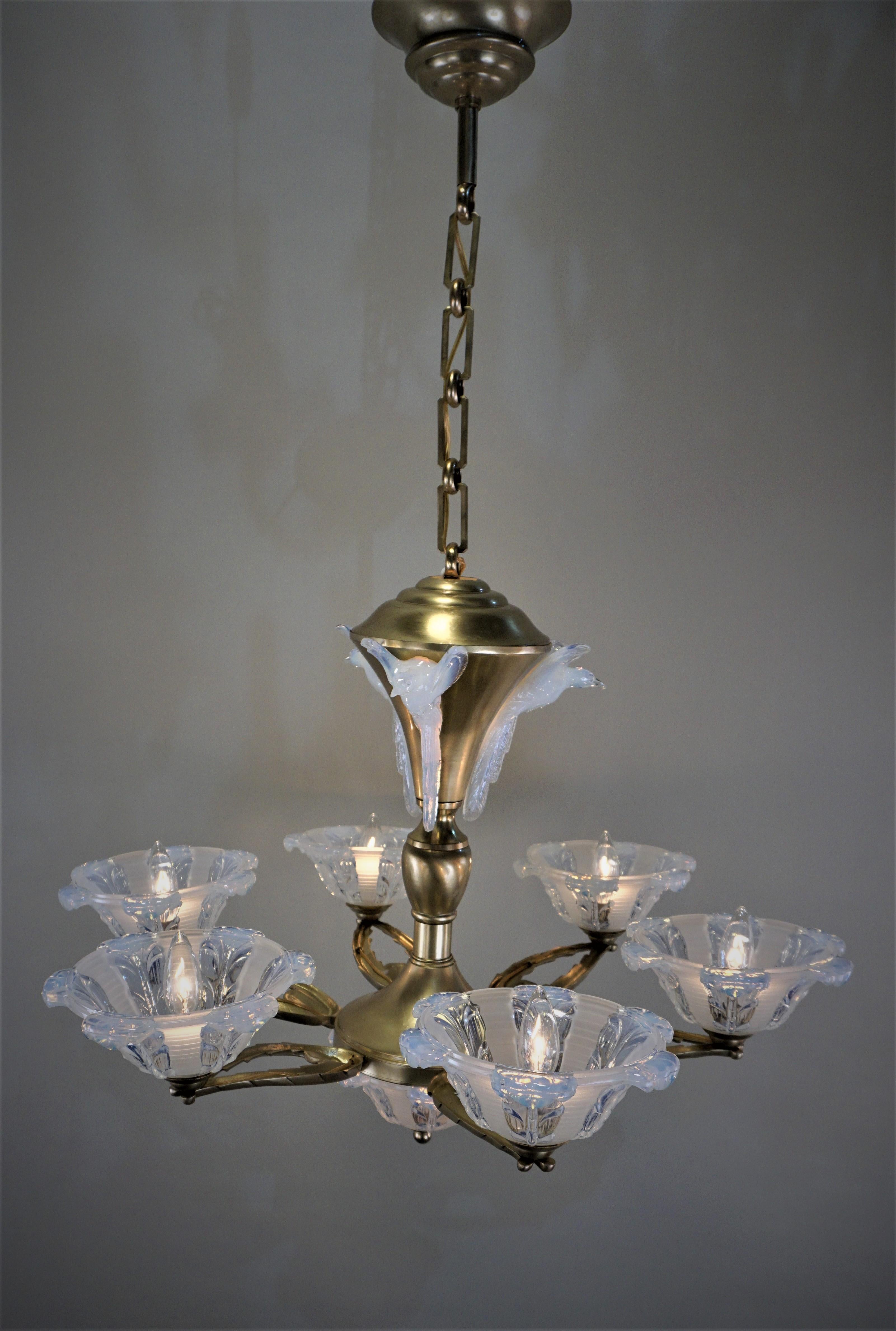 French Art Deco Chandelier with Opalescent Glass Shades by Ezan & Petitot 5
