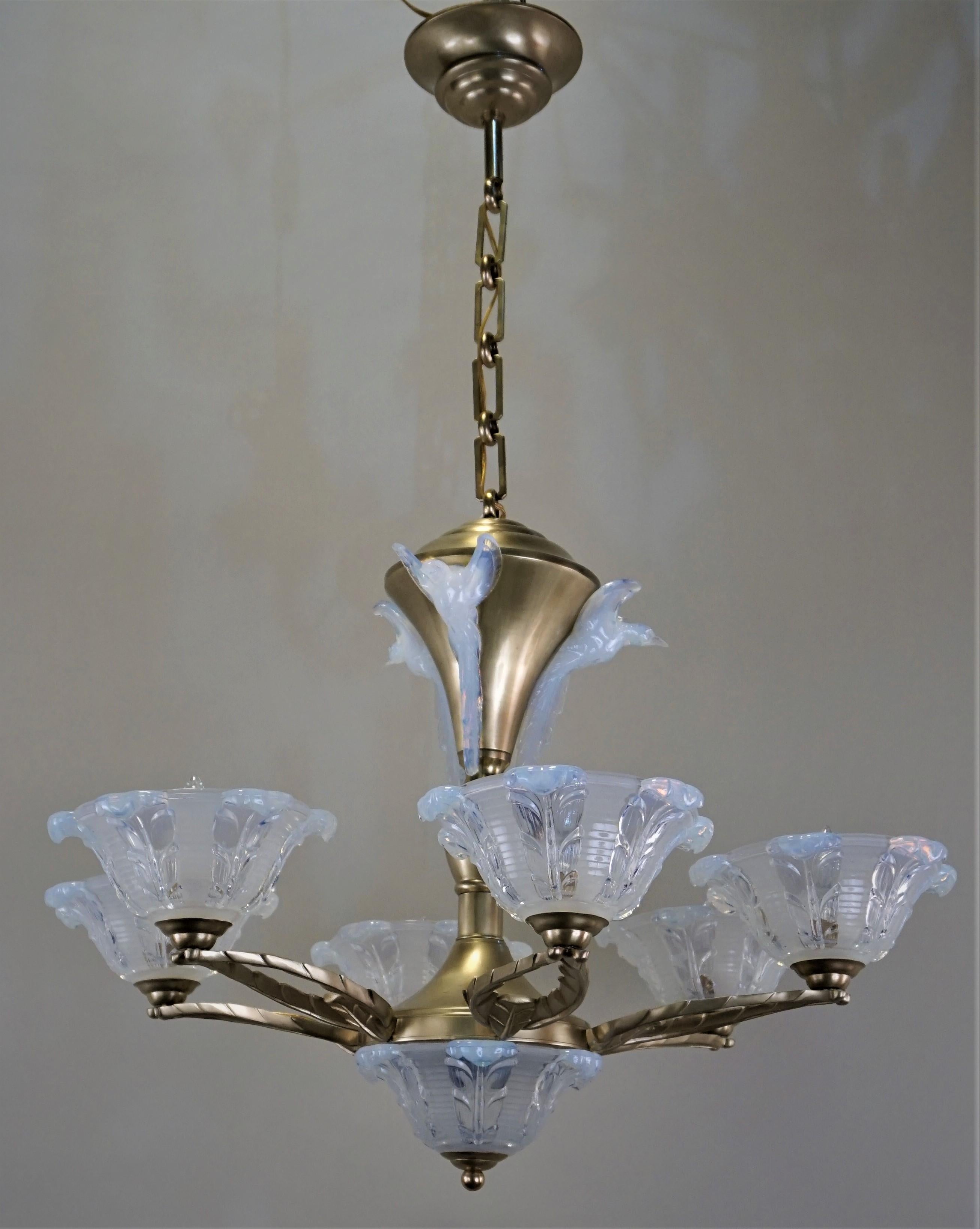 French Art Deco Chandelier with Opalescent Glass Shades by Ezan & Petitot 6