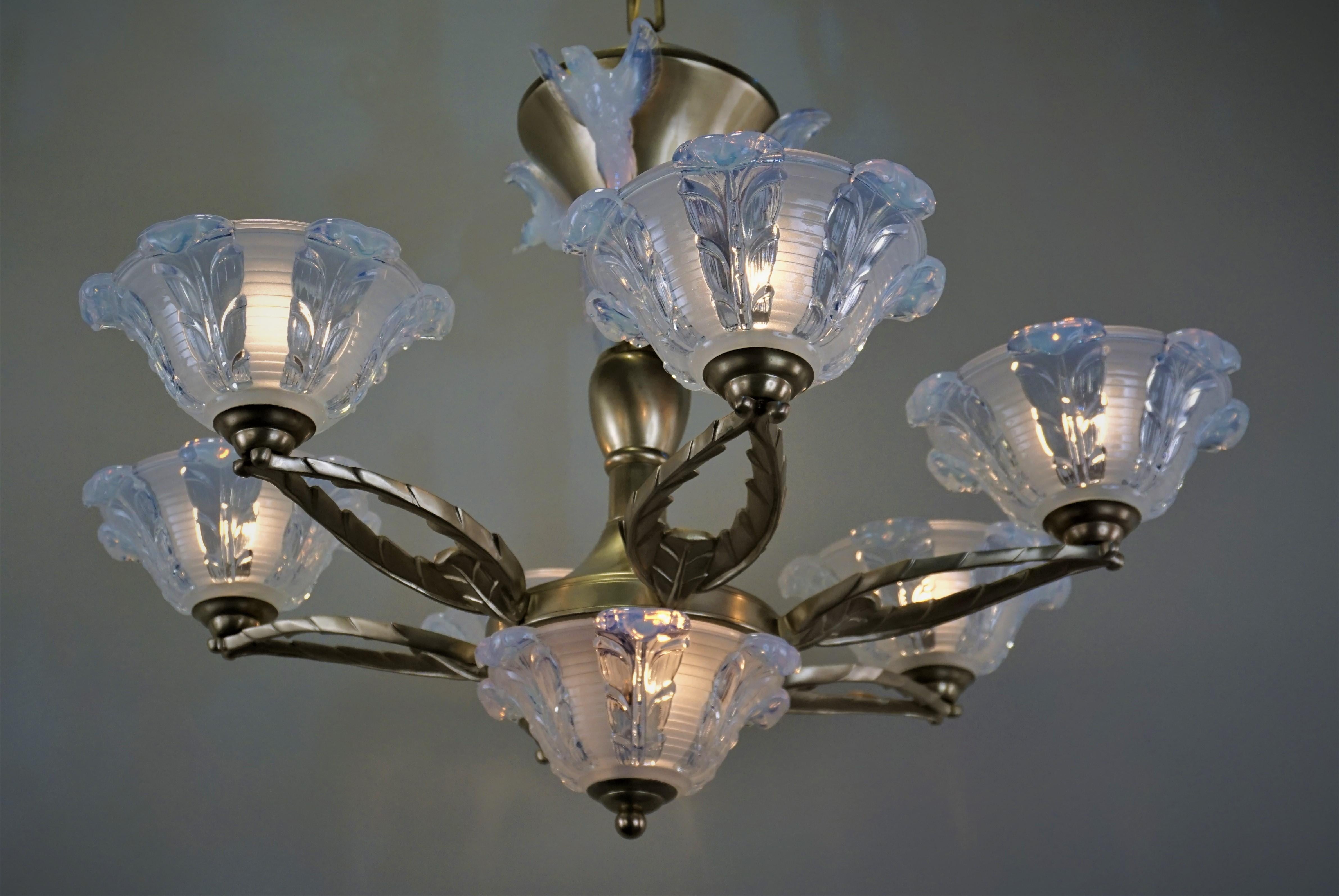 French Art Deco Chandelier with Opalescent Glass Shades by Ezan & Petitot In Good Condition In Fairfax, VA