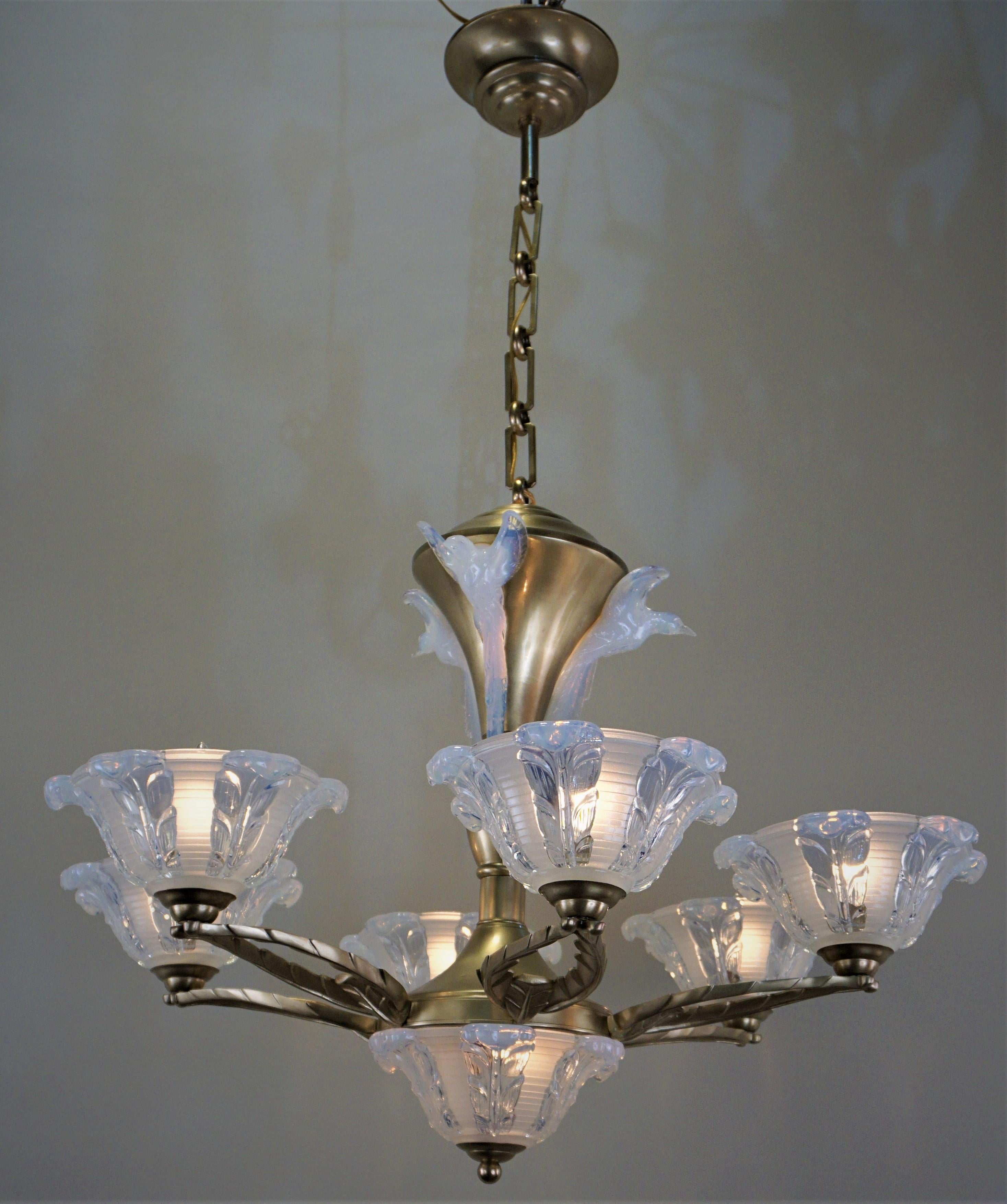 Early 20th Century French Art Deco Chandelier with Opalescent Glass Shades by Ezan & Petitot