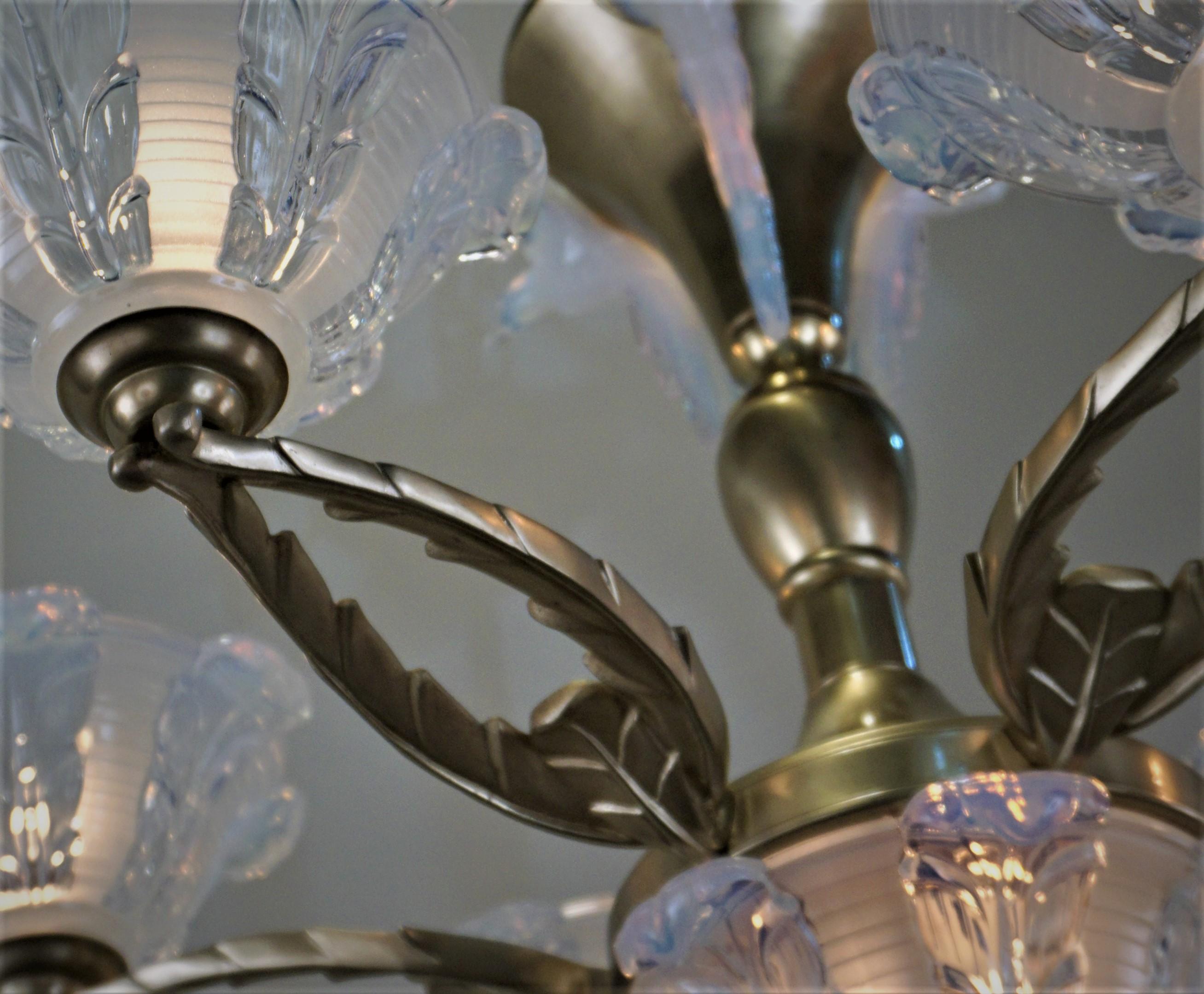 Bronze French Art Deco Chandelier with Opalescent Glass Shades by Ezan & Petitot