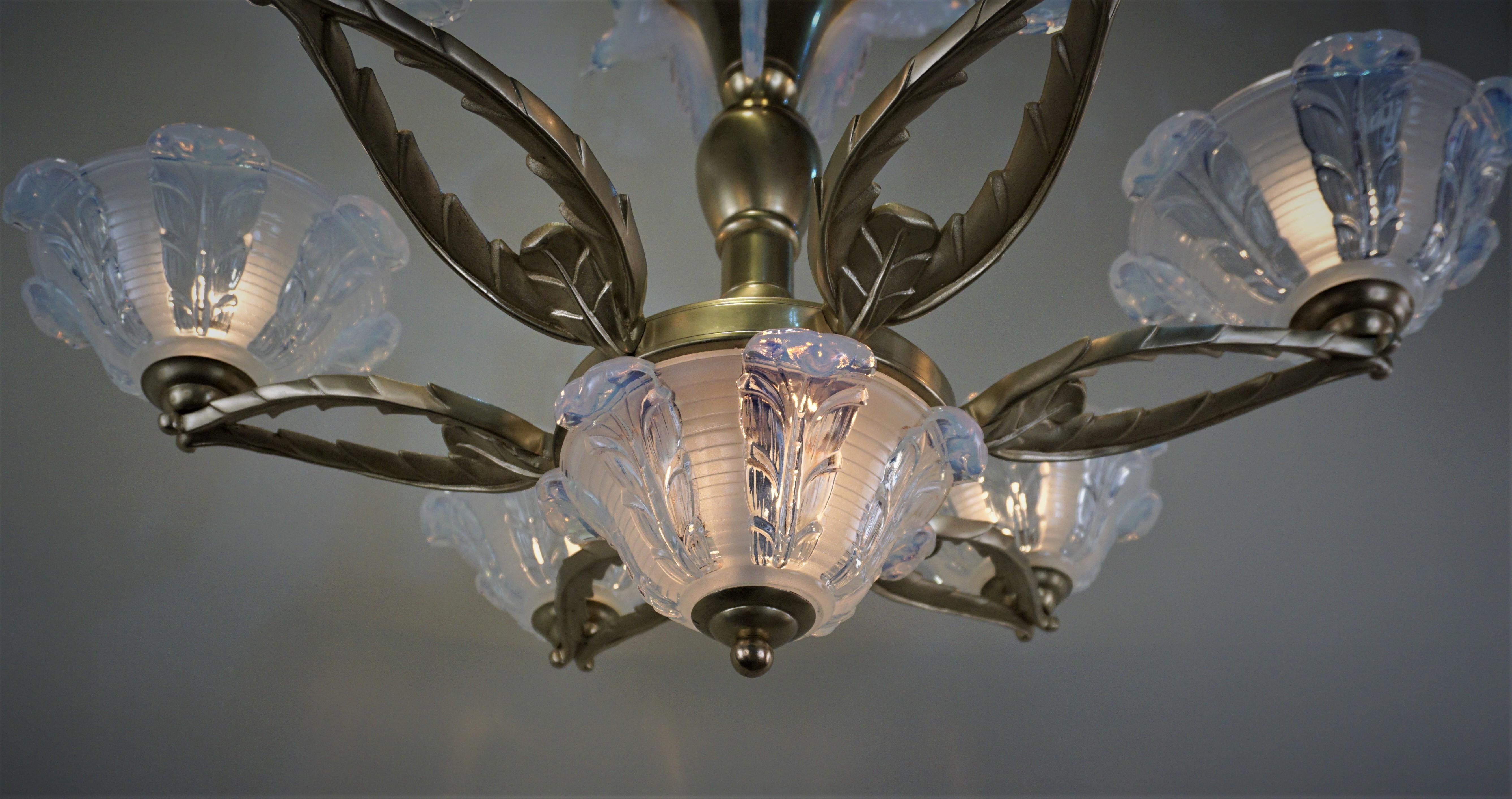 French Art Deco Chandelier with Opalescent Glass Shades by Ezan & Petitot 1