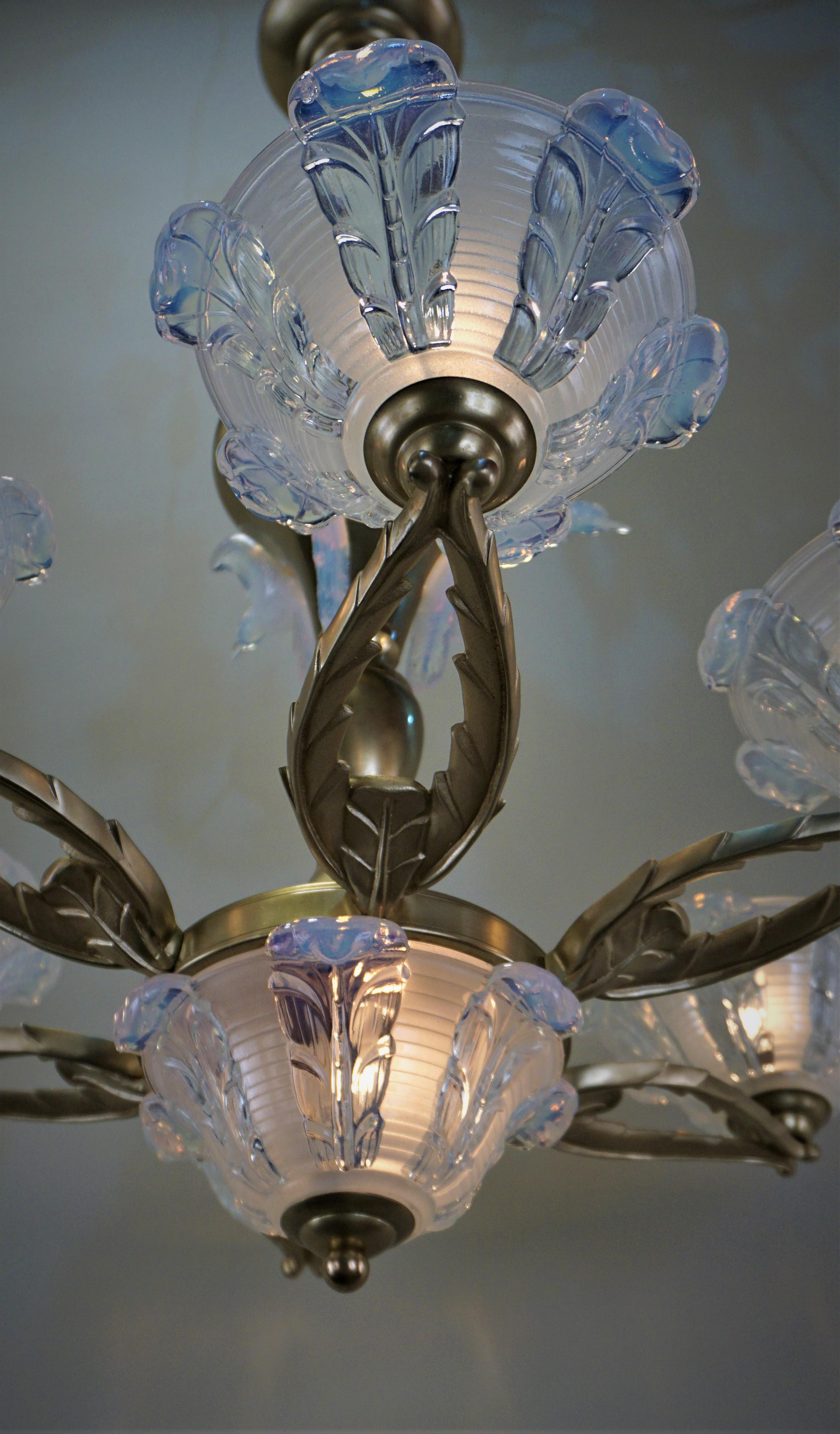 French Art Deco Chandelier with Opalescent Glass Shades by Ezan & Petitot 2