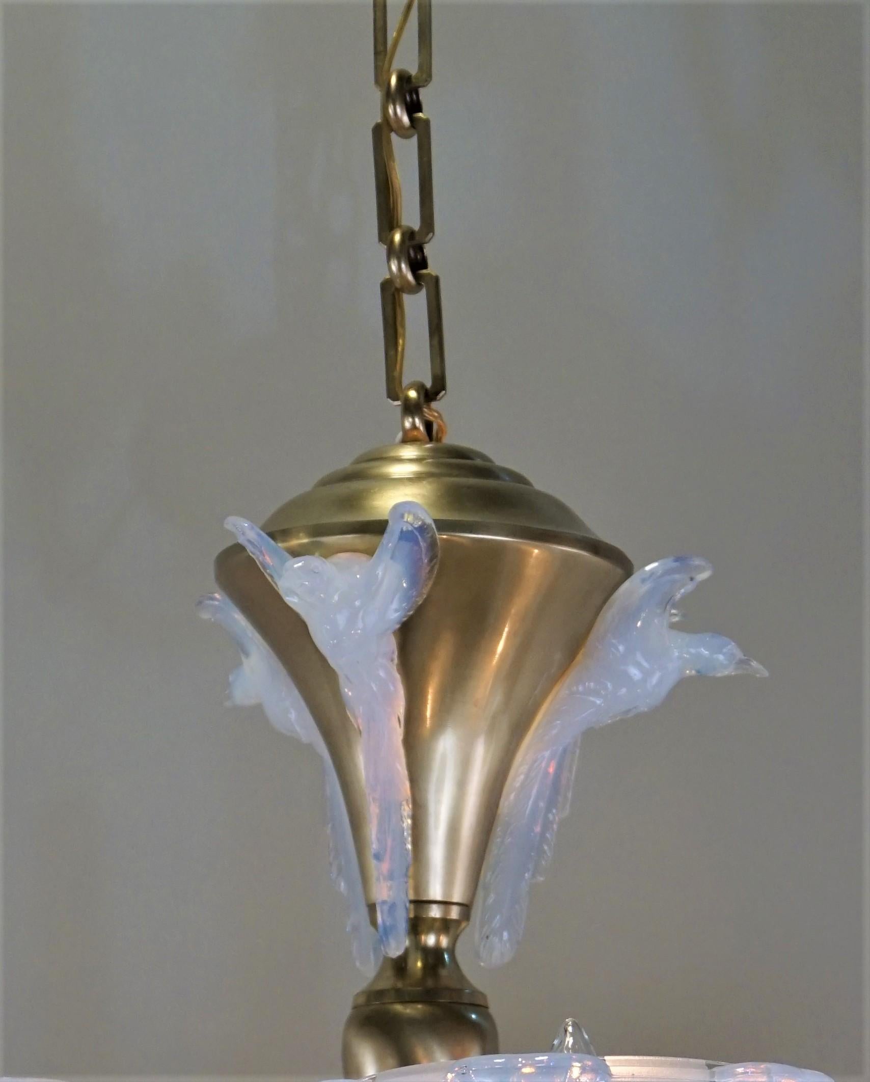 French Art Deco Chandelier with Opalescent Glass Shades by Ezan & Petitot 3
