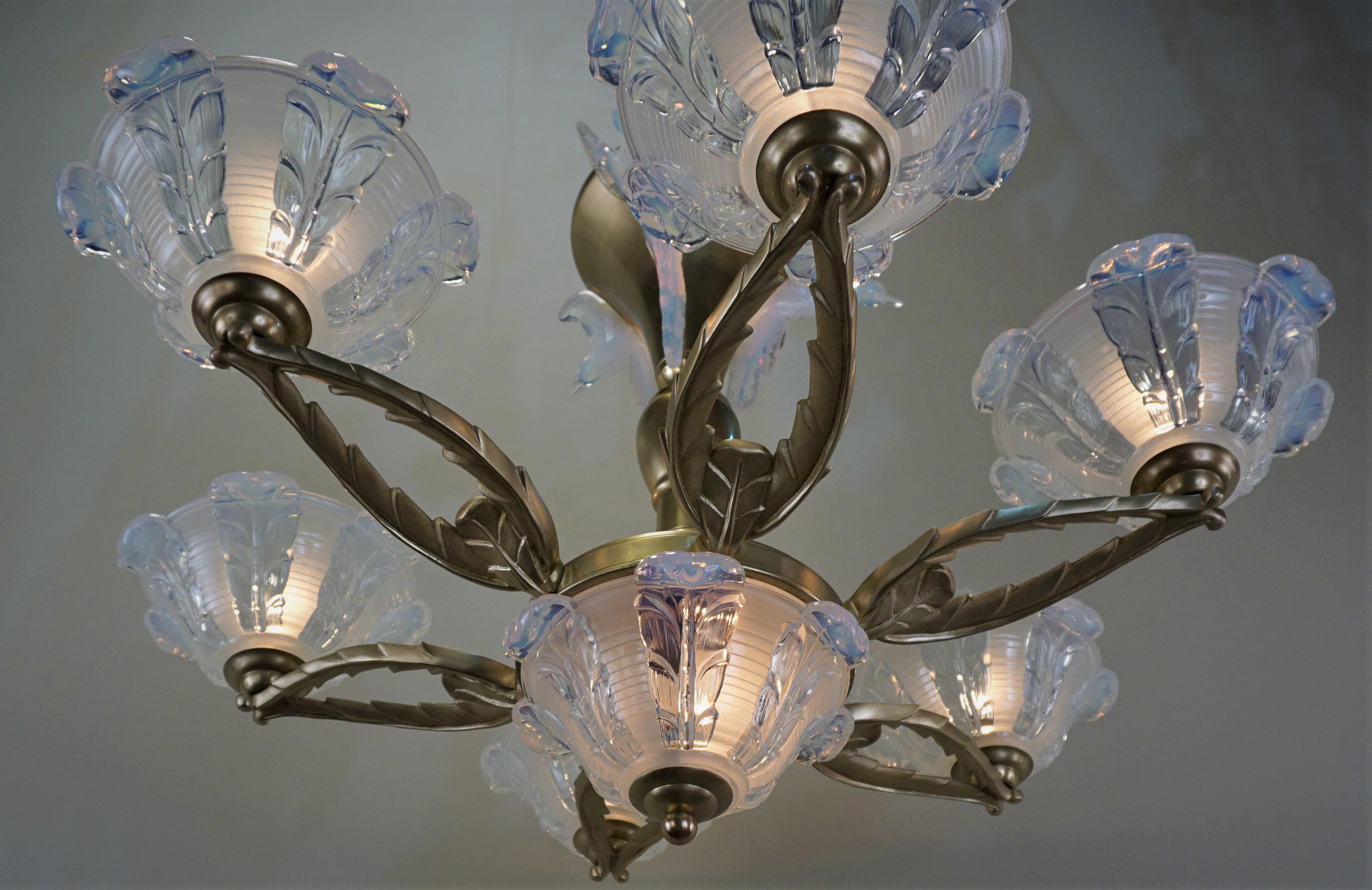 French Art Deco Chandelier with Opalescent Glass Shades by Ezan & Petitot 4