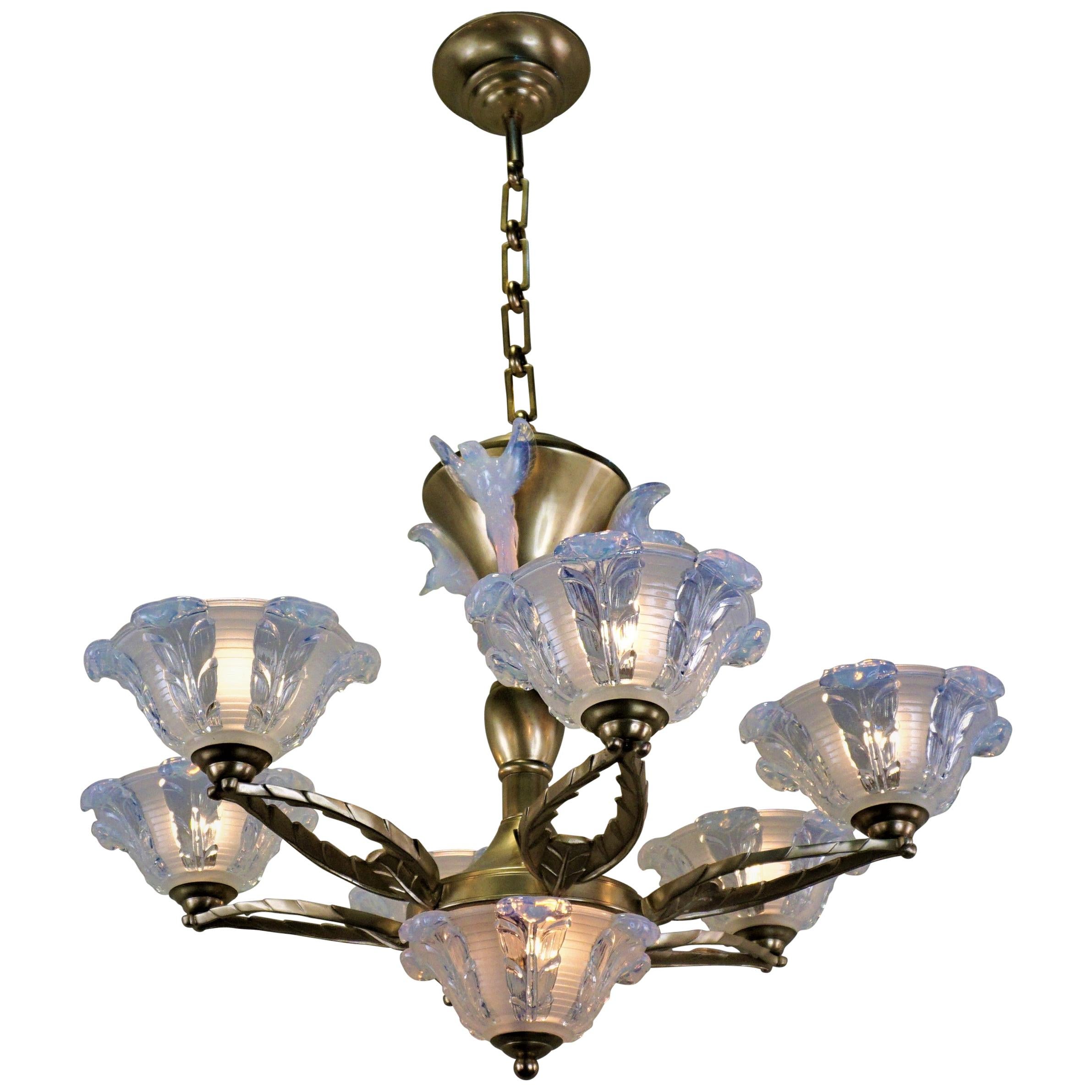 French Art Deco Chandelier with Opalescent Glass Shades by Ezan & Petitot