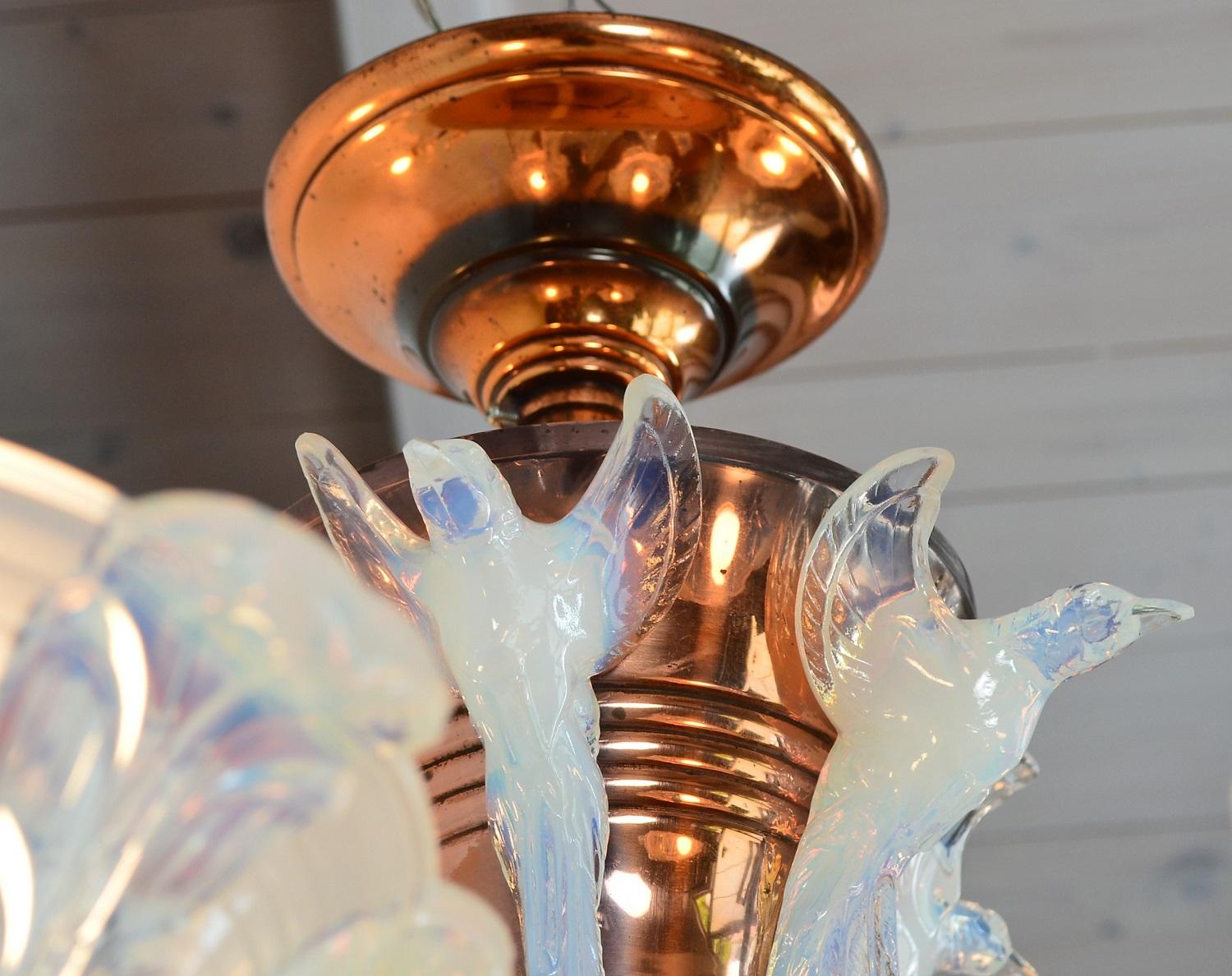French Art Deco Chandelier with Opaline Glasses in Bird Shape, 1930s 6