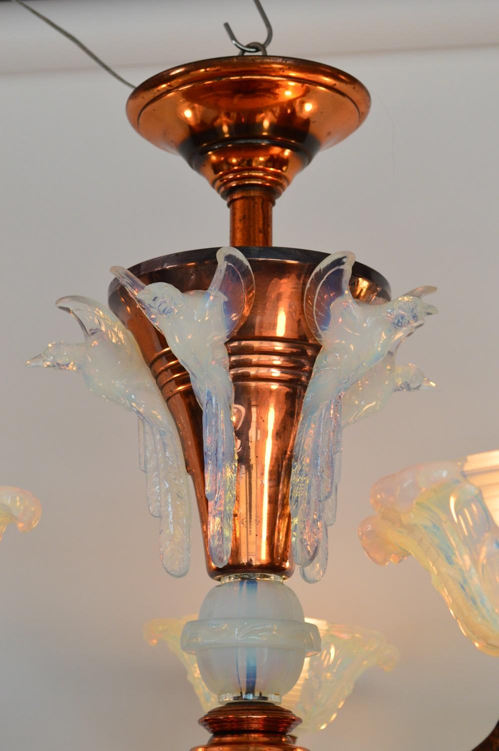 French Art Deco Chandelier with Opaline Glasses in Bird Shape, 1930s 10