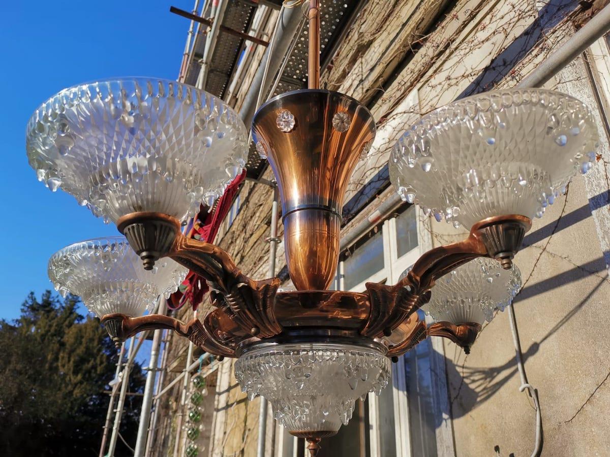 Molded French Art Deco Chandelier with the Original Opaque Moulded Icicle Glass Shades For Sale