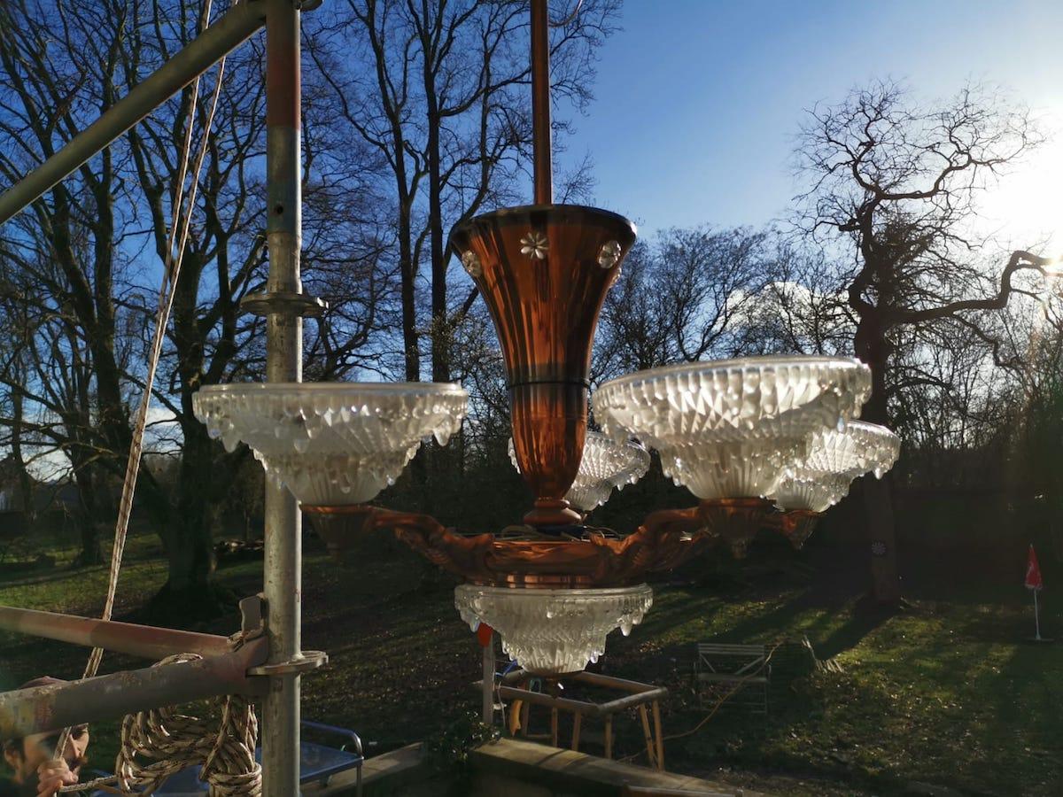 20th Century French Art Deco Chandelier with the Original Opaque Moulded Icicle Glass Shades For Sale