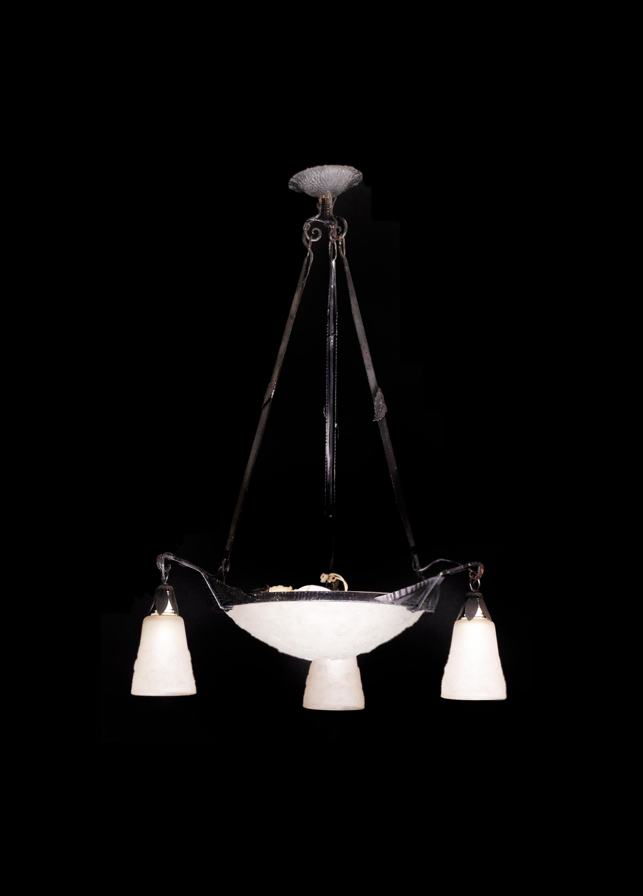 20th Century French Art Deco Chandelier Wrought Iron by Muller Freres Luneville For Sale