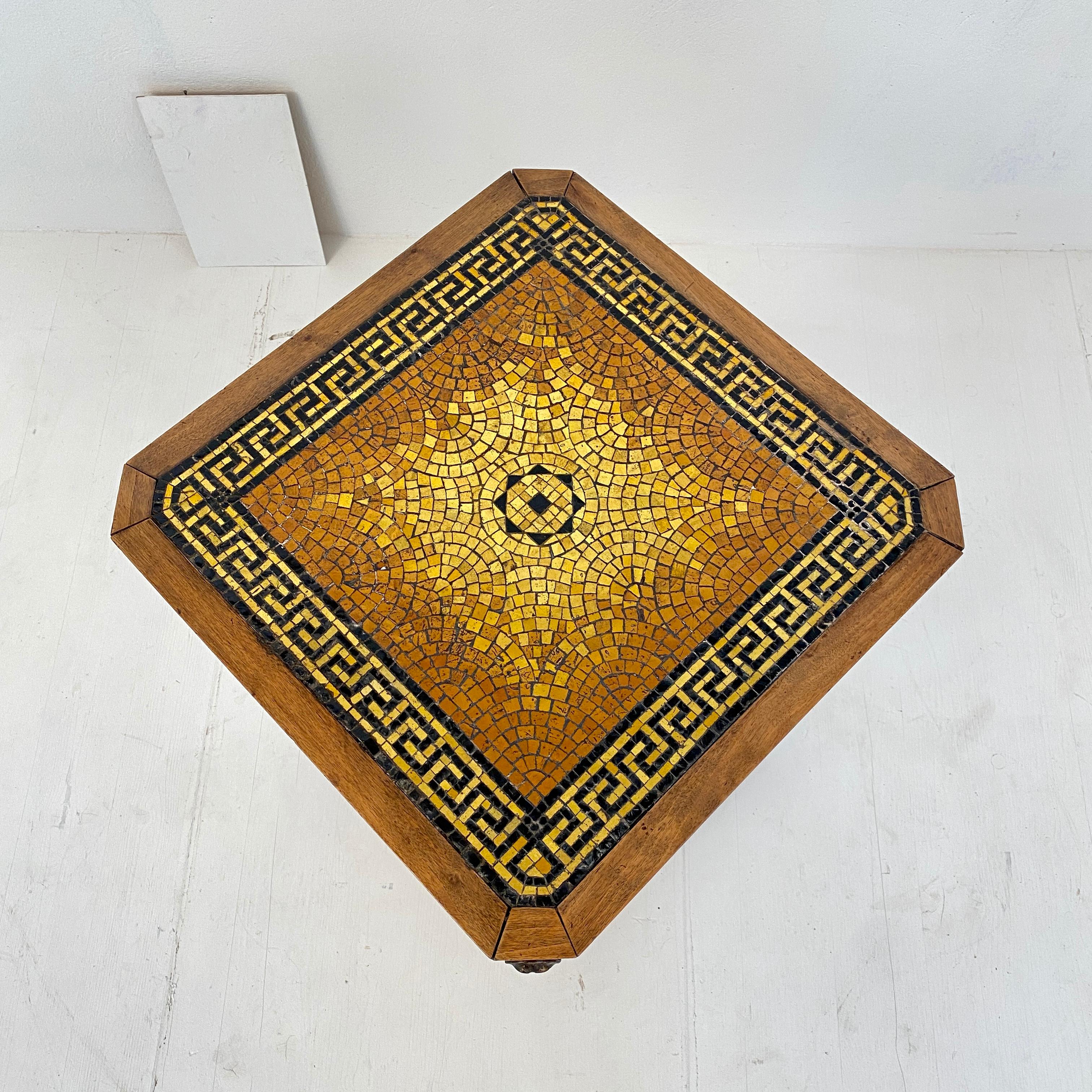 French Art Deco Chemist Side Table with Mosaic Top and Carved Base, around 1920 4