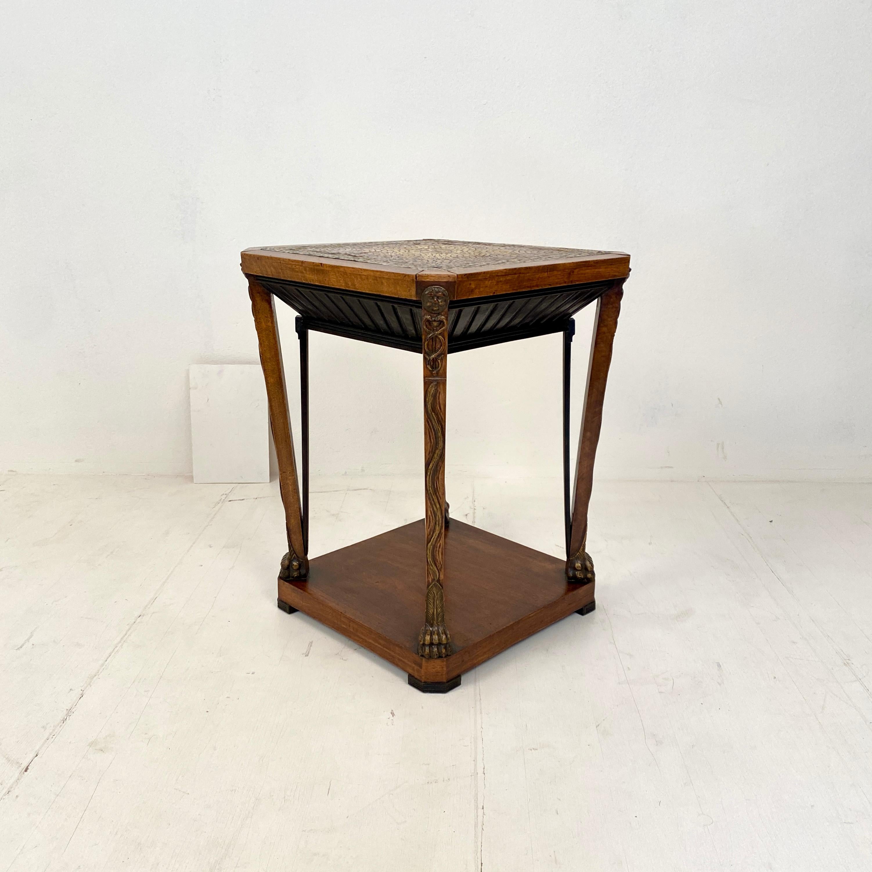 French Art Deco Chemist Side Table with Mosaic Top and Carved Base, around 1920 11