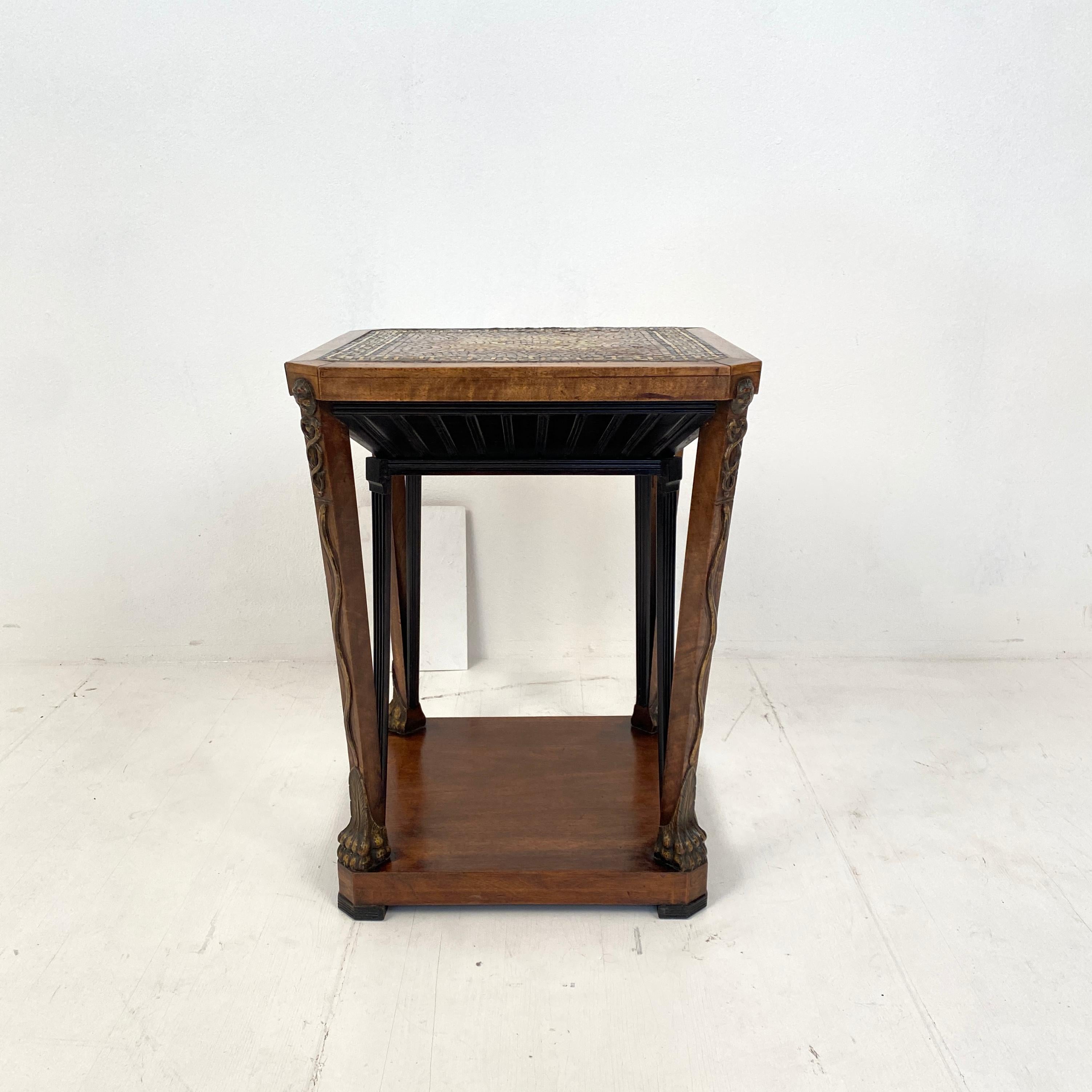 Gilt French Art Deco Chemist Side Table with Mosaic Top and Carved Base, around 1920