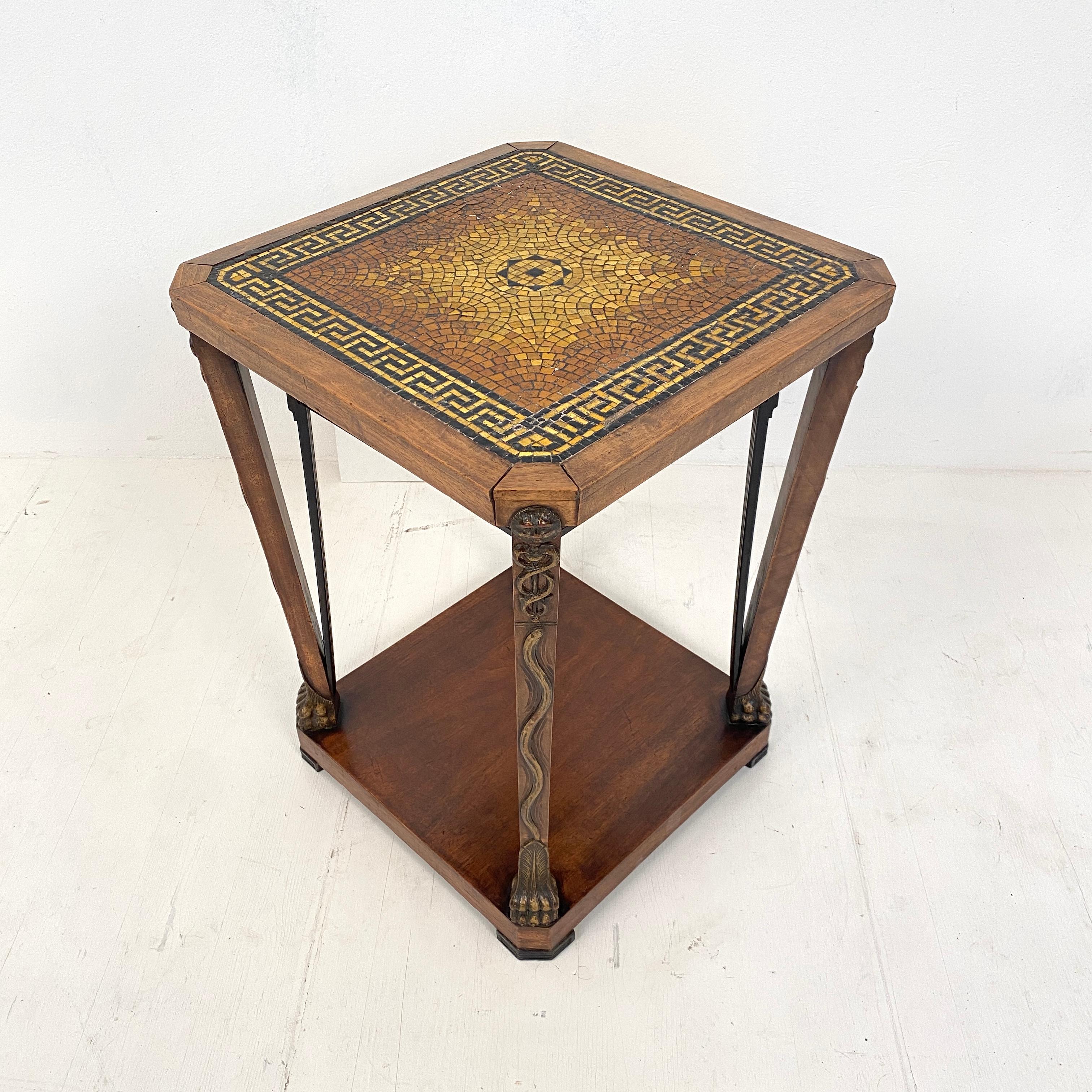 French Art Deco Chemist Side Table with Mosaic Top and Carved Base, around 1920 2