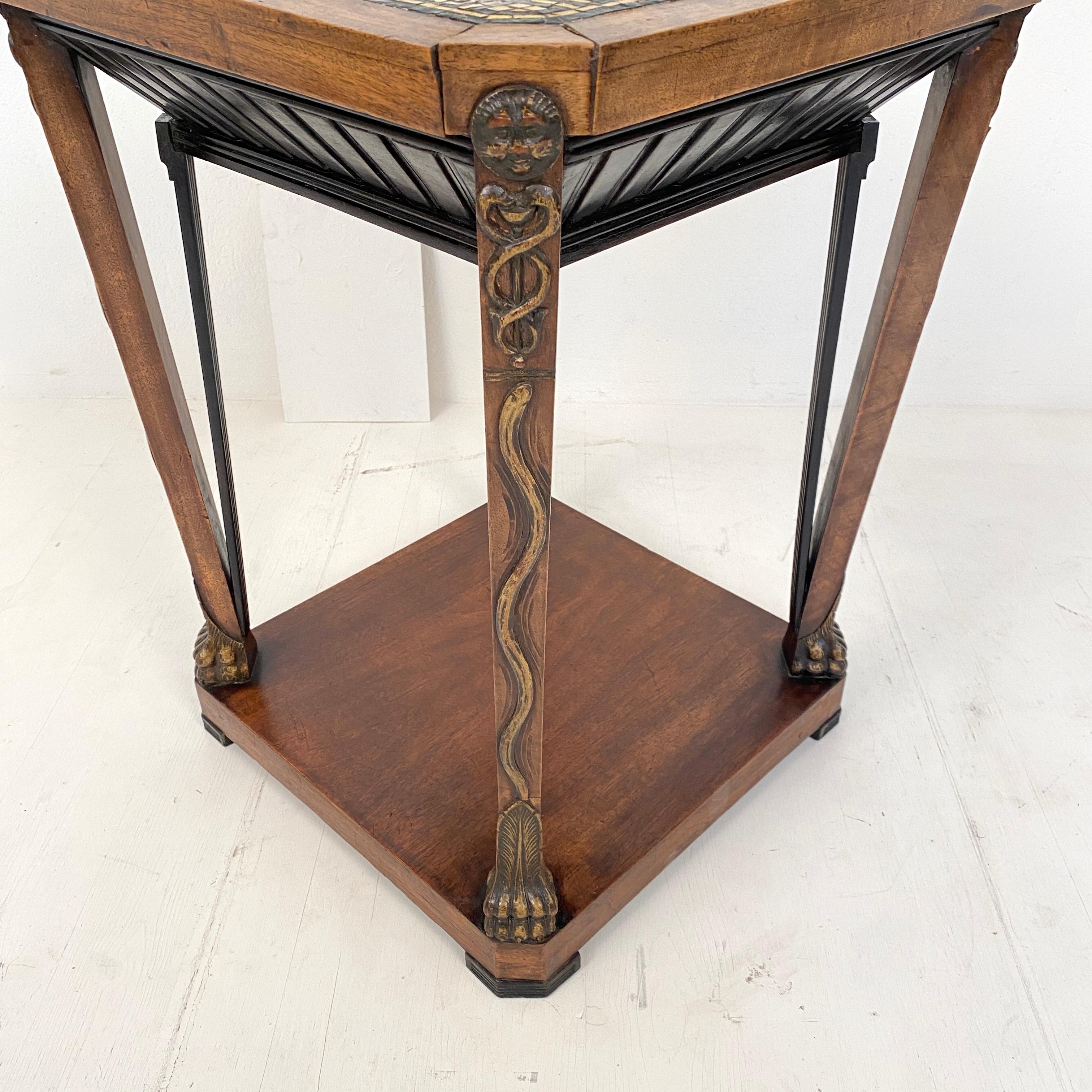 French Art Deco Chemist Side Table with Mosaic Top and Carved Base, around 1920 3