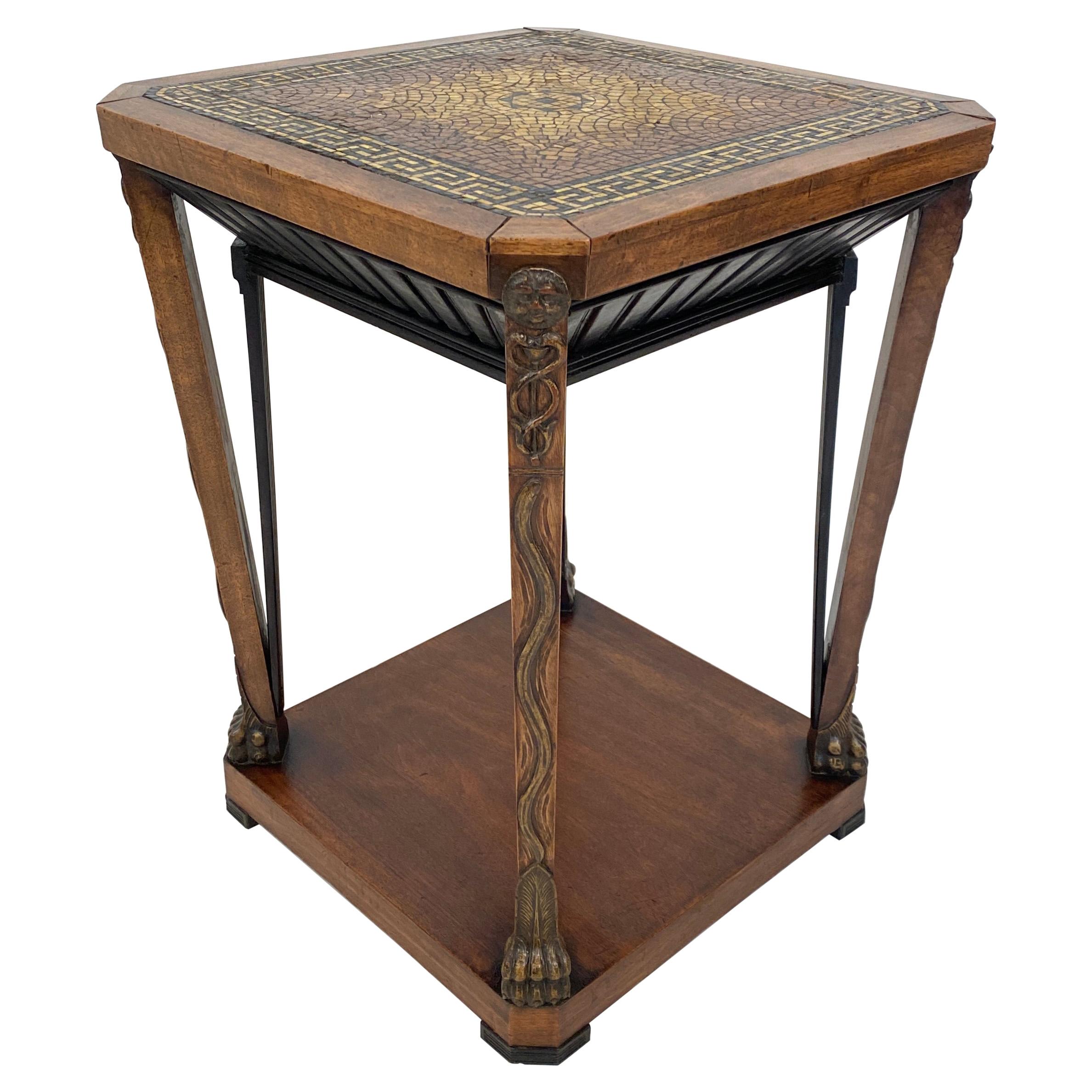 French Art Deco Chemist Side Table with Mosaic Top and Carved Base, around 1920