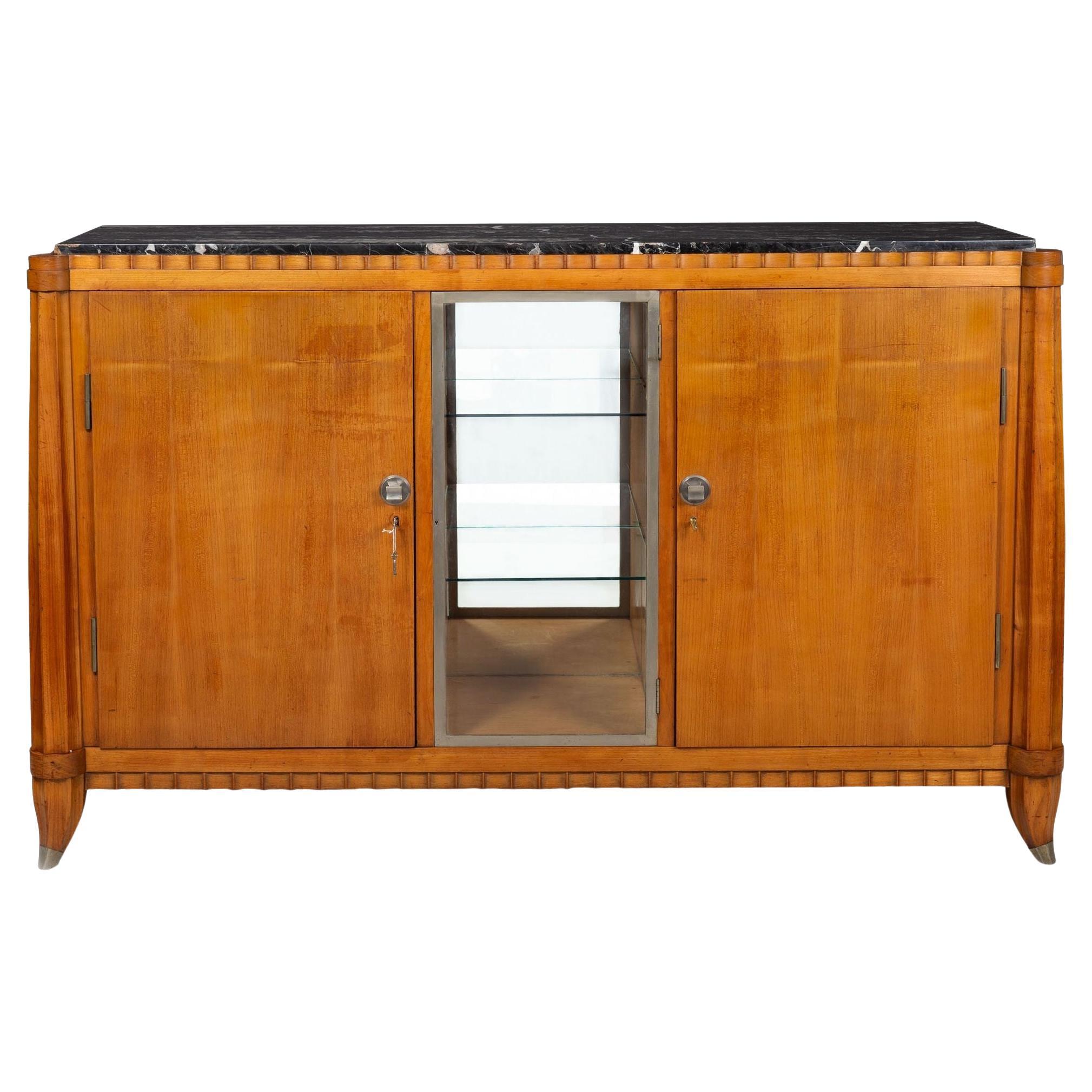 French Art Deco Cherry, Nickel and Marble Sideboard Credenza Cabinet For Sale