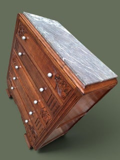 French Art Deco Chest of Drawers, Carved Oak and Marble Top, 1930s