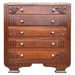 French Art Deco Chest of Drawers, Carved Oak and Marble Top, 1930s