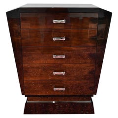 French Art Deco Chest of Drawers in Walnut with Silver Handles