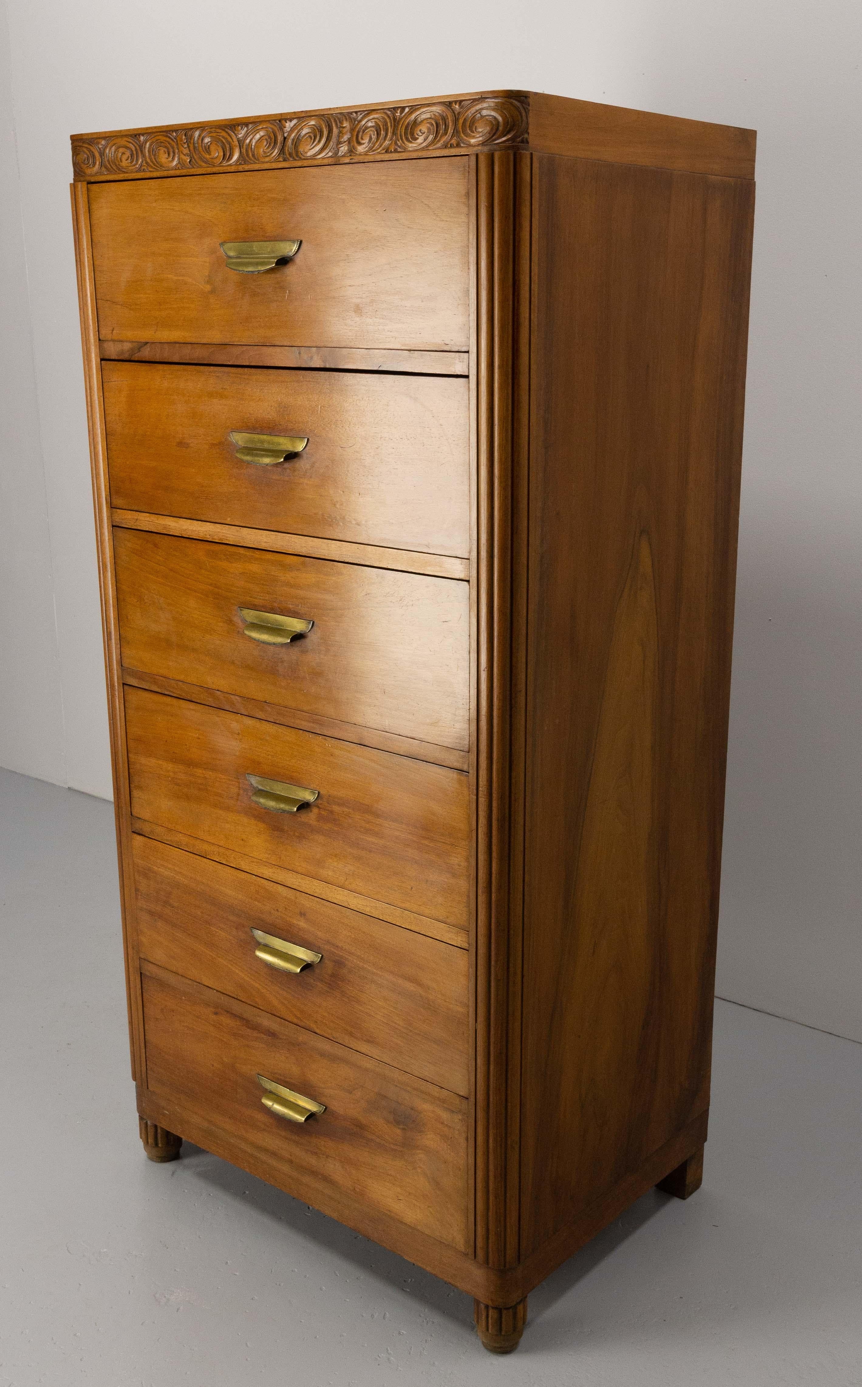 Mid-20th Century French Art Deco Chiffonier or Commode, Chest with Six Drawers Walnut, circa 1930