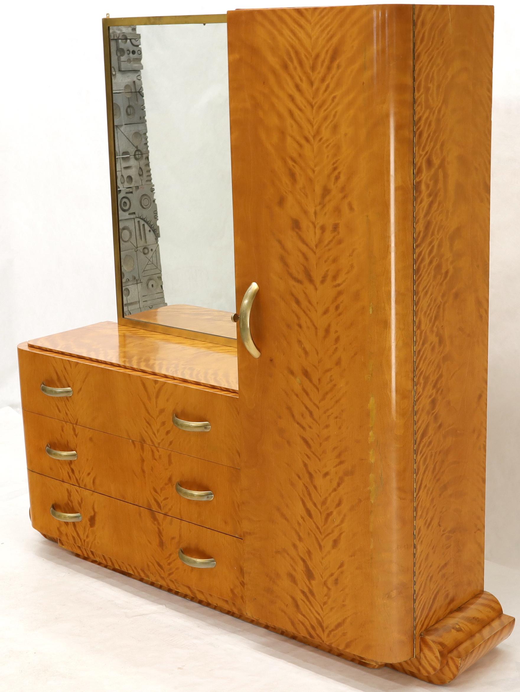 20th Century French Art Deco Chifforobe Dresser with Mirror Closet Cabinet Tiger Maple