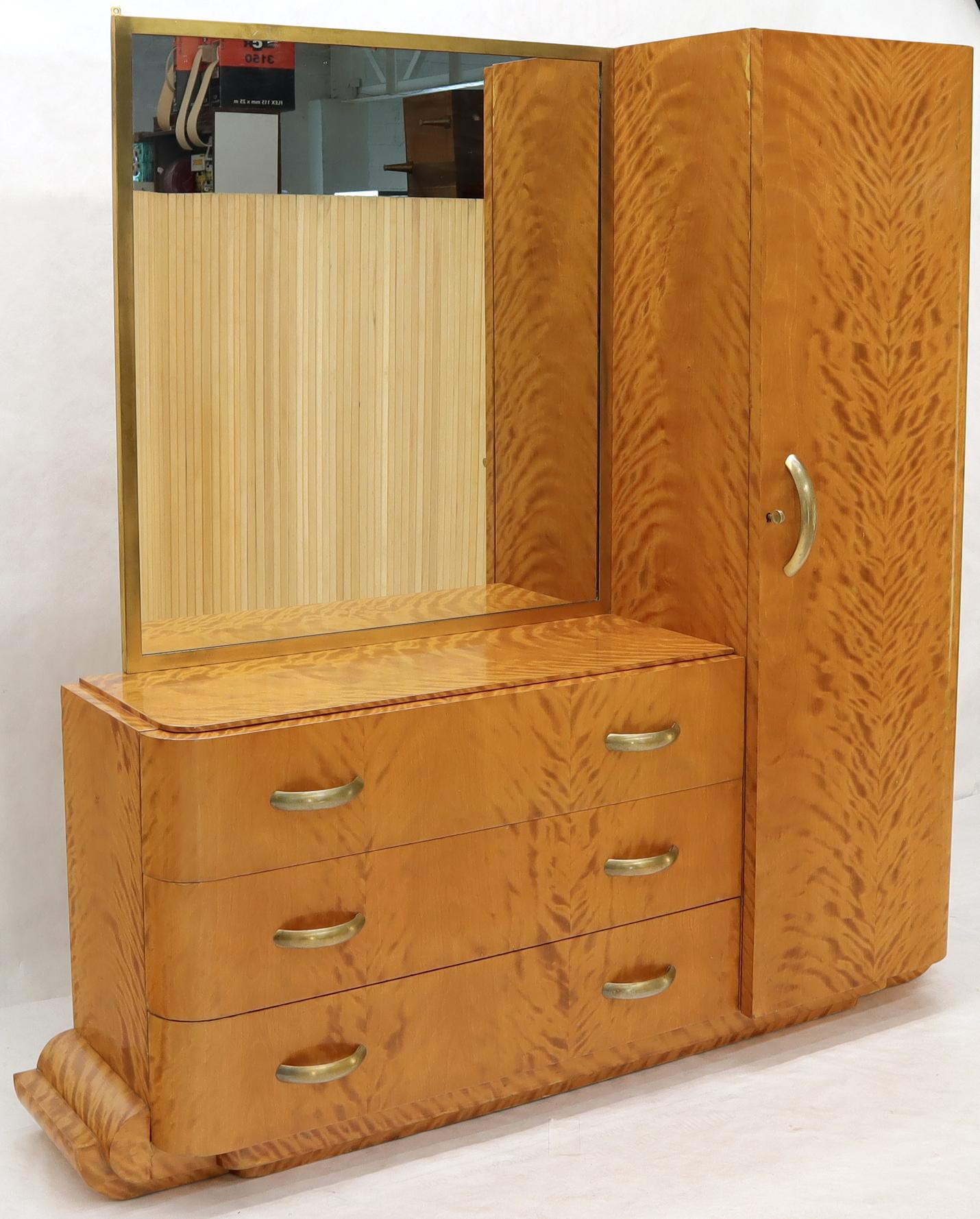 Fine Art Deco wardrobe vanity with brass frame mirror and hardware. Made in France.