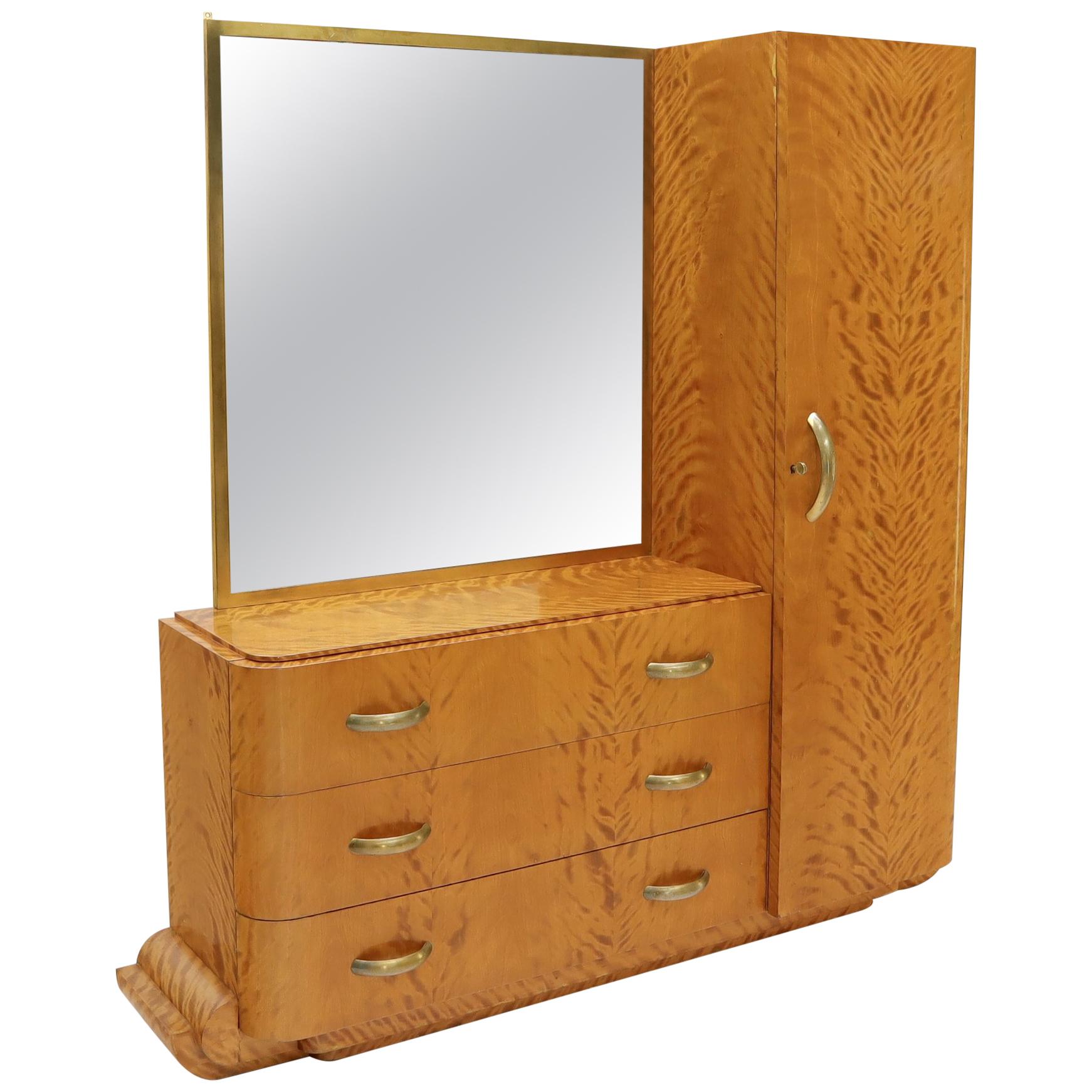 French Art Deco Chifforobe Dresser with Mirror Closet Cabinet Tiger Maple