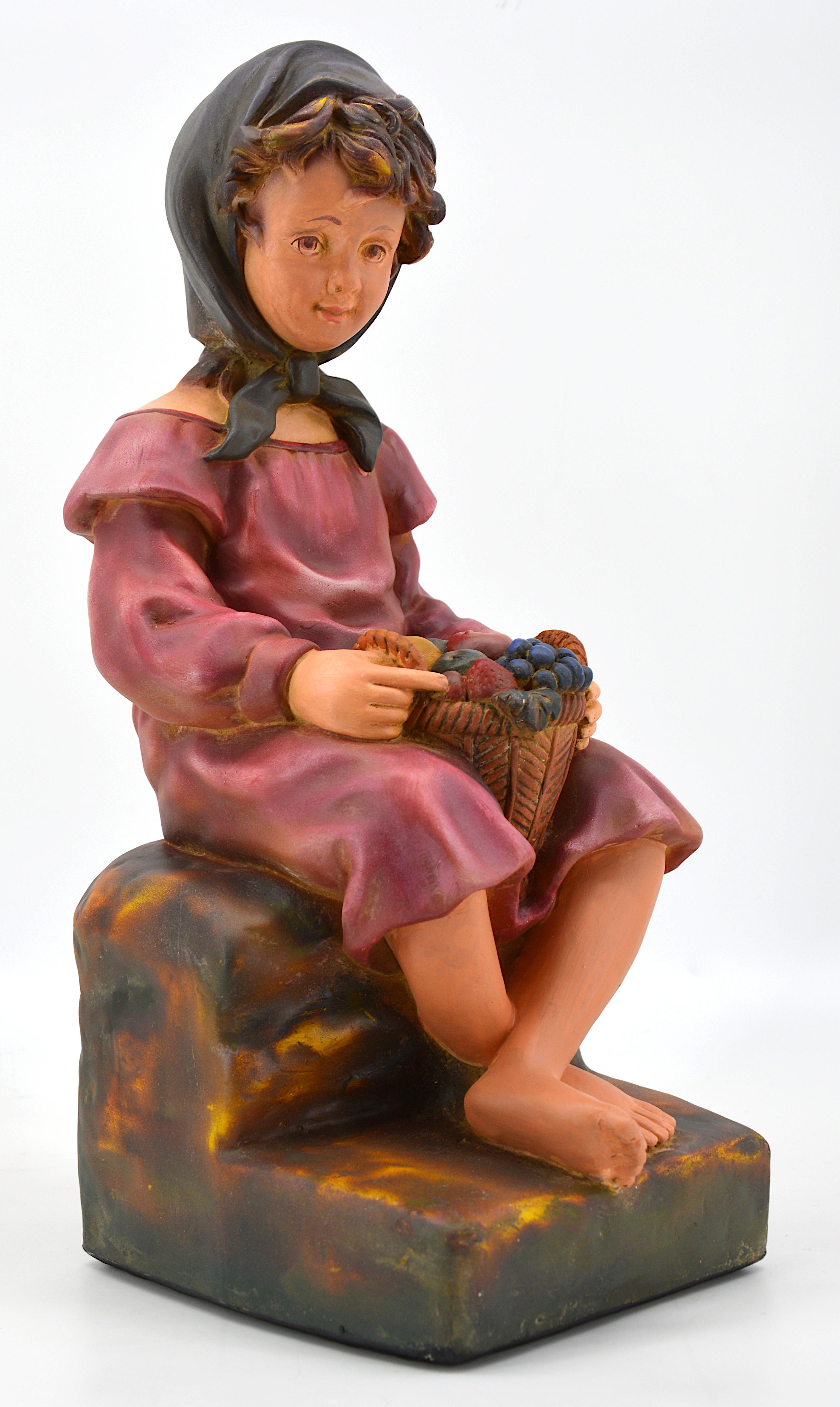 French Art Deco Child with a Fruit Basket Sculpture, 1930s In Good Condition For Sale In Saint-Amans-des-Cots, FR